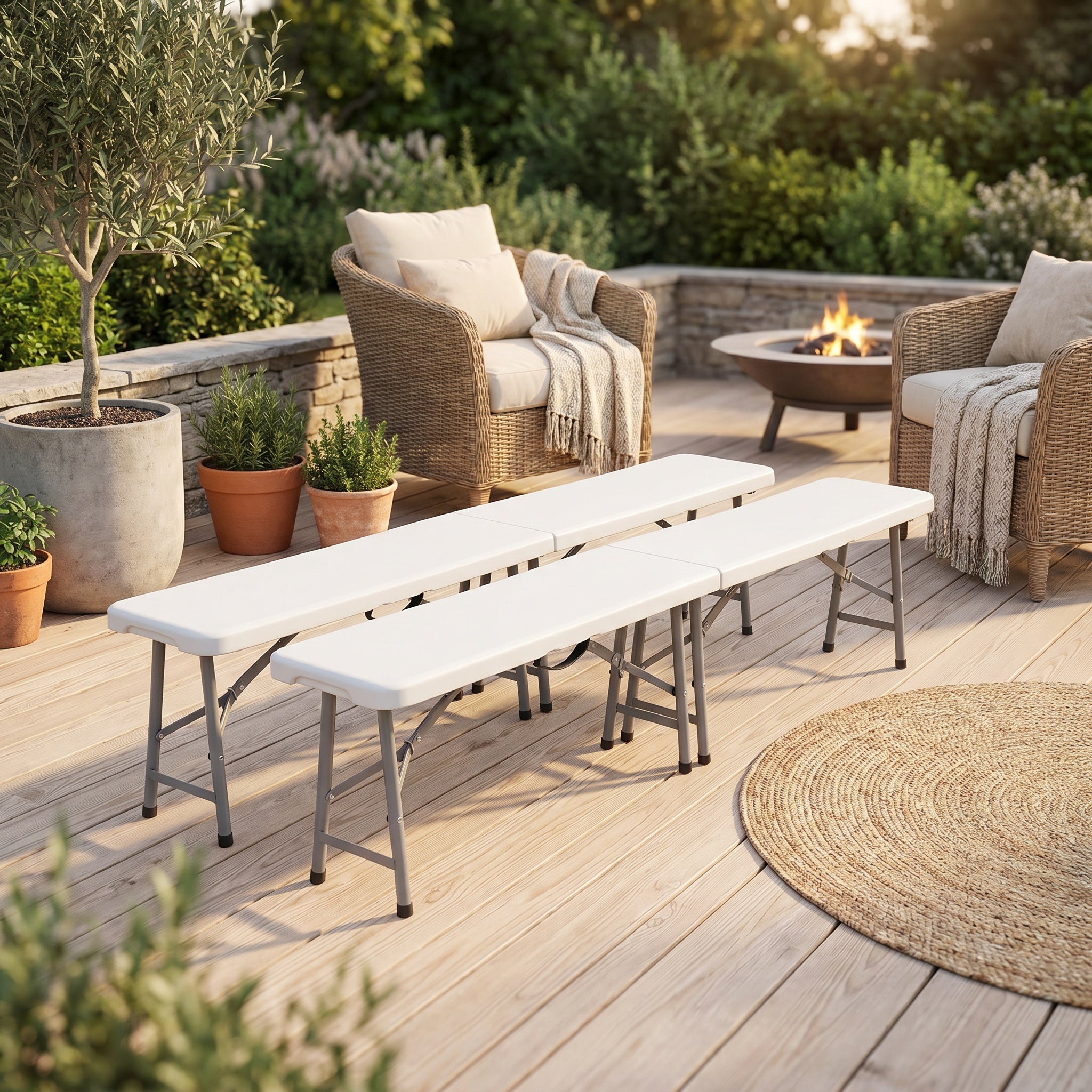 Lot de 2 bancs pliants portables avec assise rembourrée et structure en acier