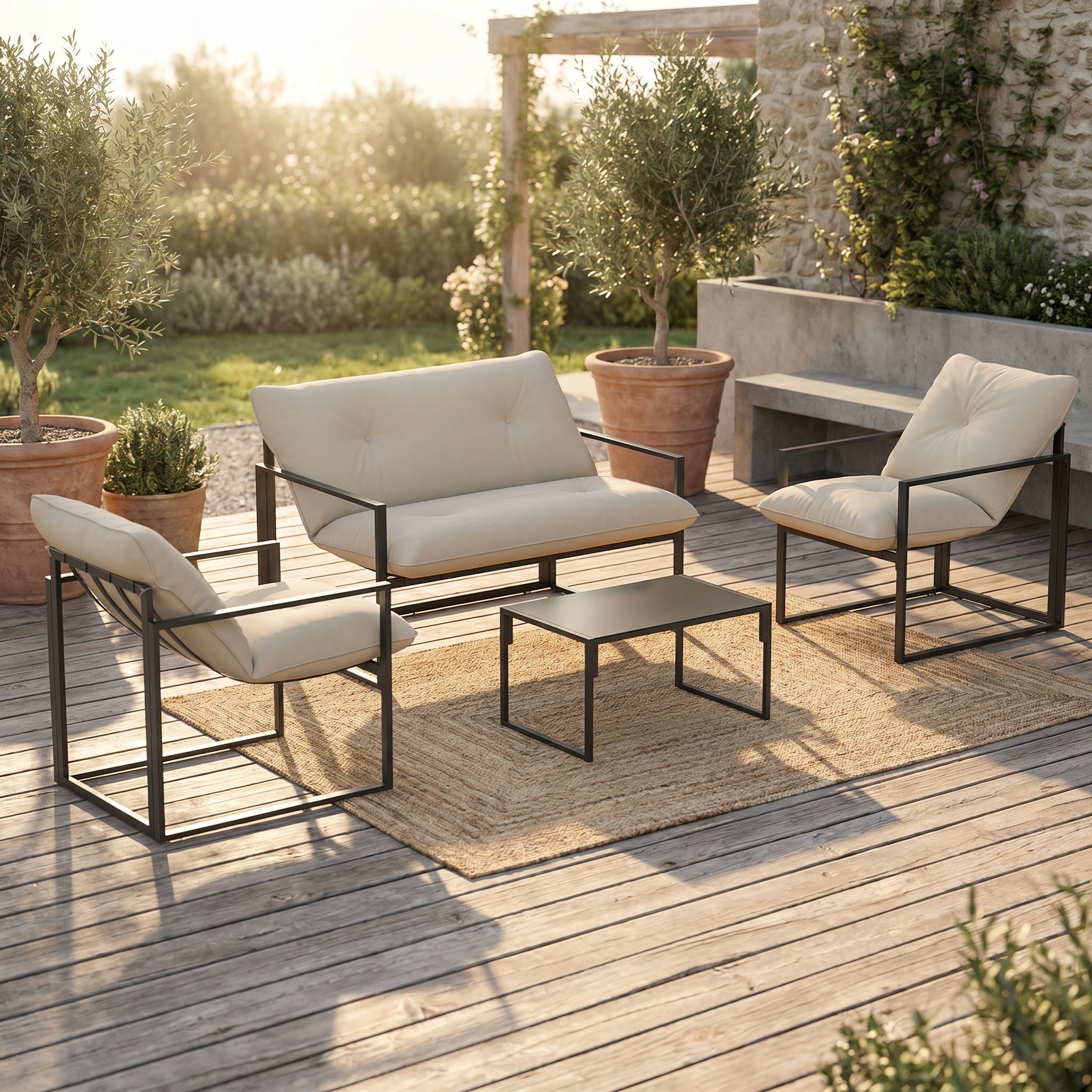 Salon lounge bas avec table et coussins beiges