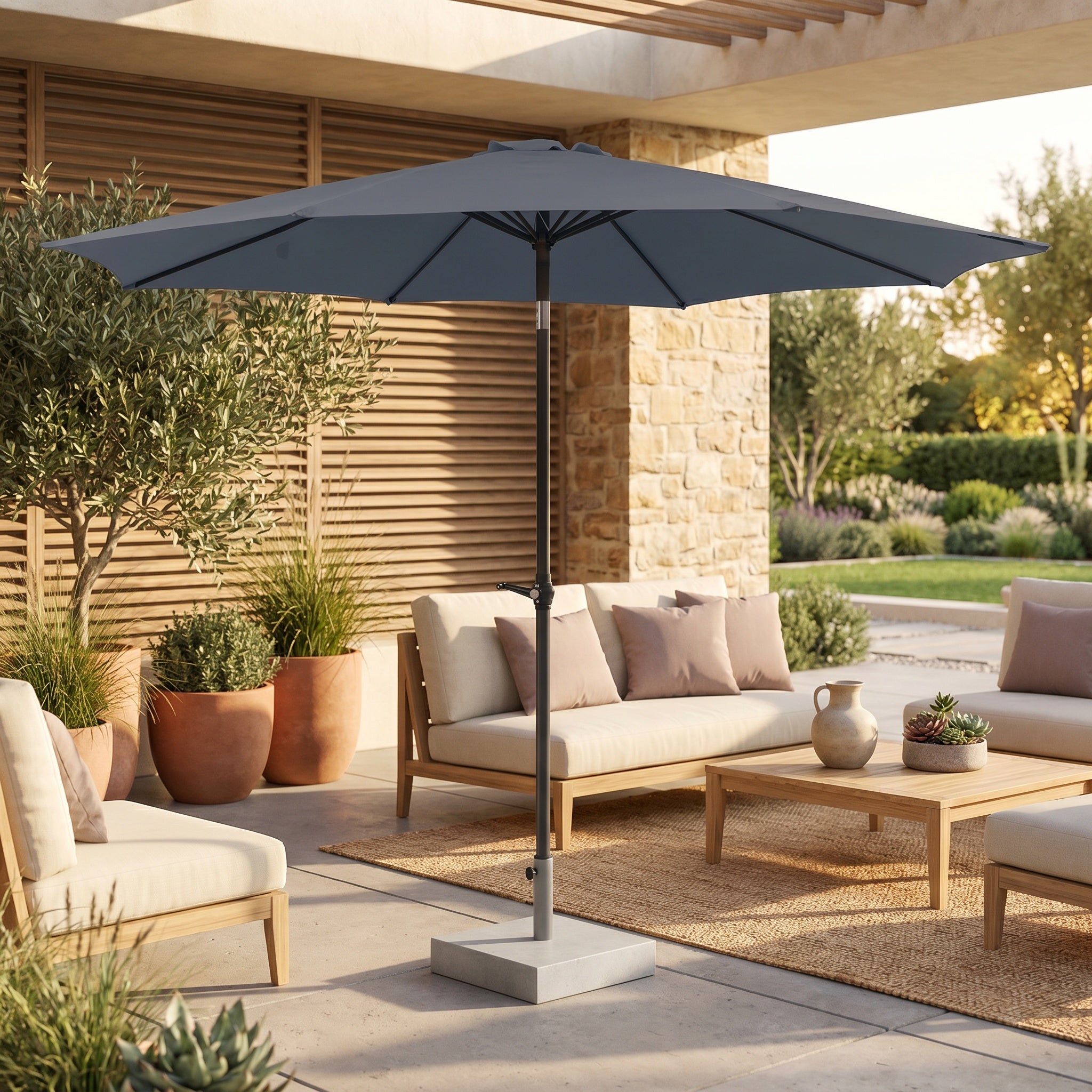 Parasol droit en aluminium à toile grise avec manivelle