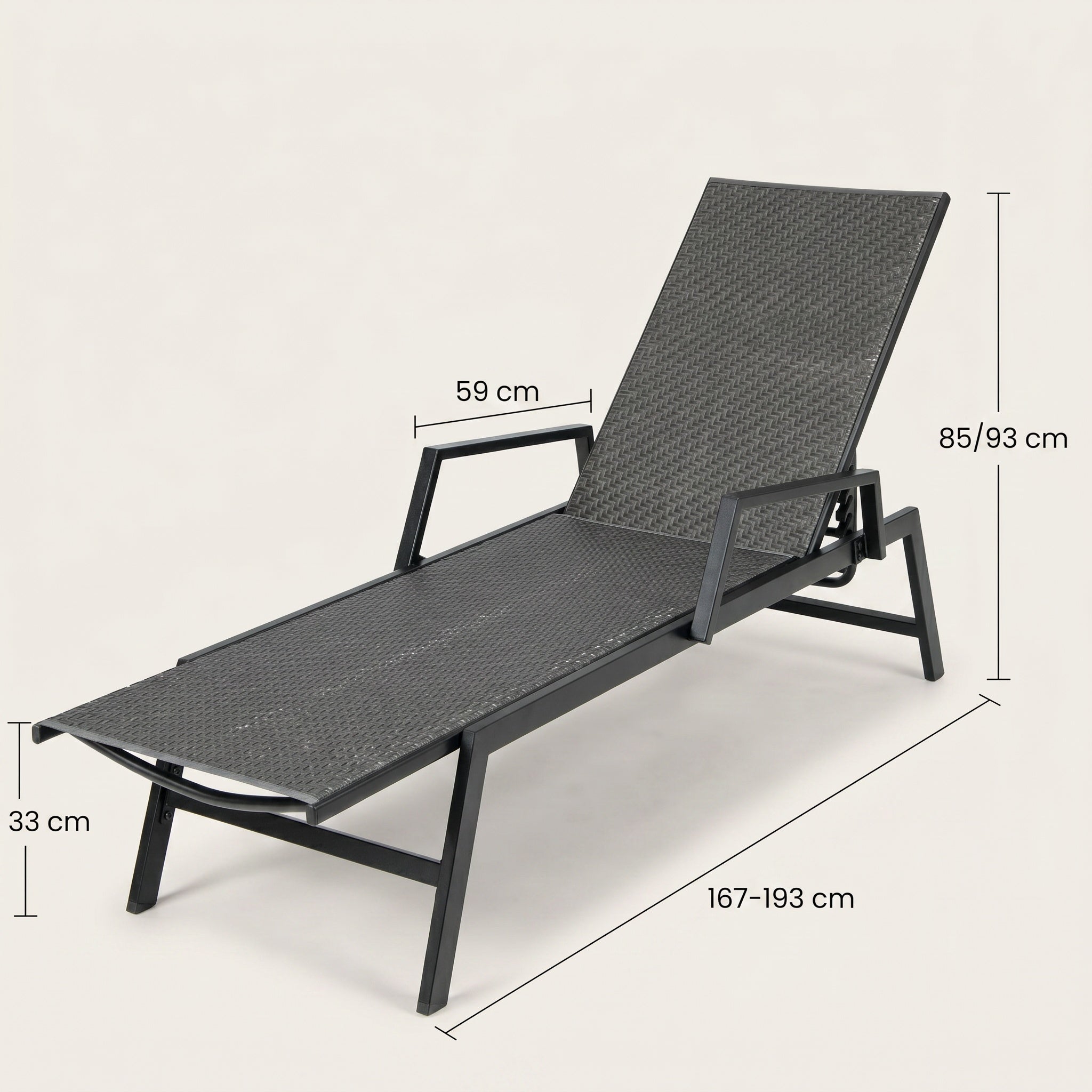 Bain de soleil aluminium tressé noir accoudoirs réglable