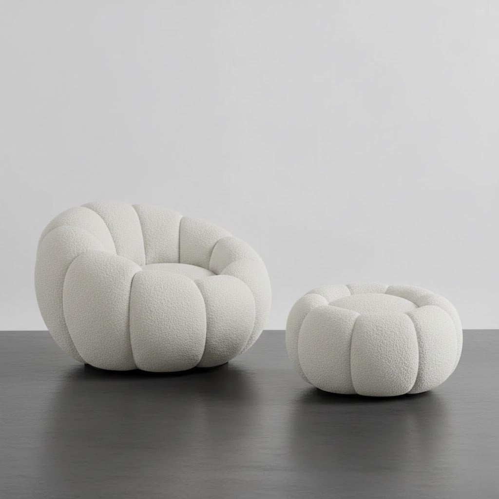 Fauteuil Pouf et Repose-pieds en bouclette design Coquillage