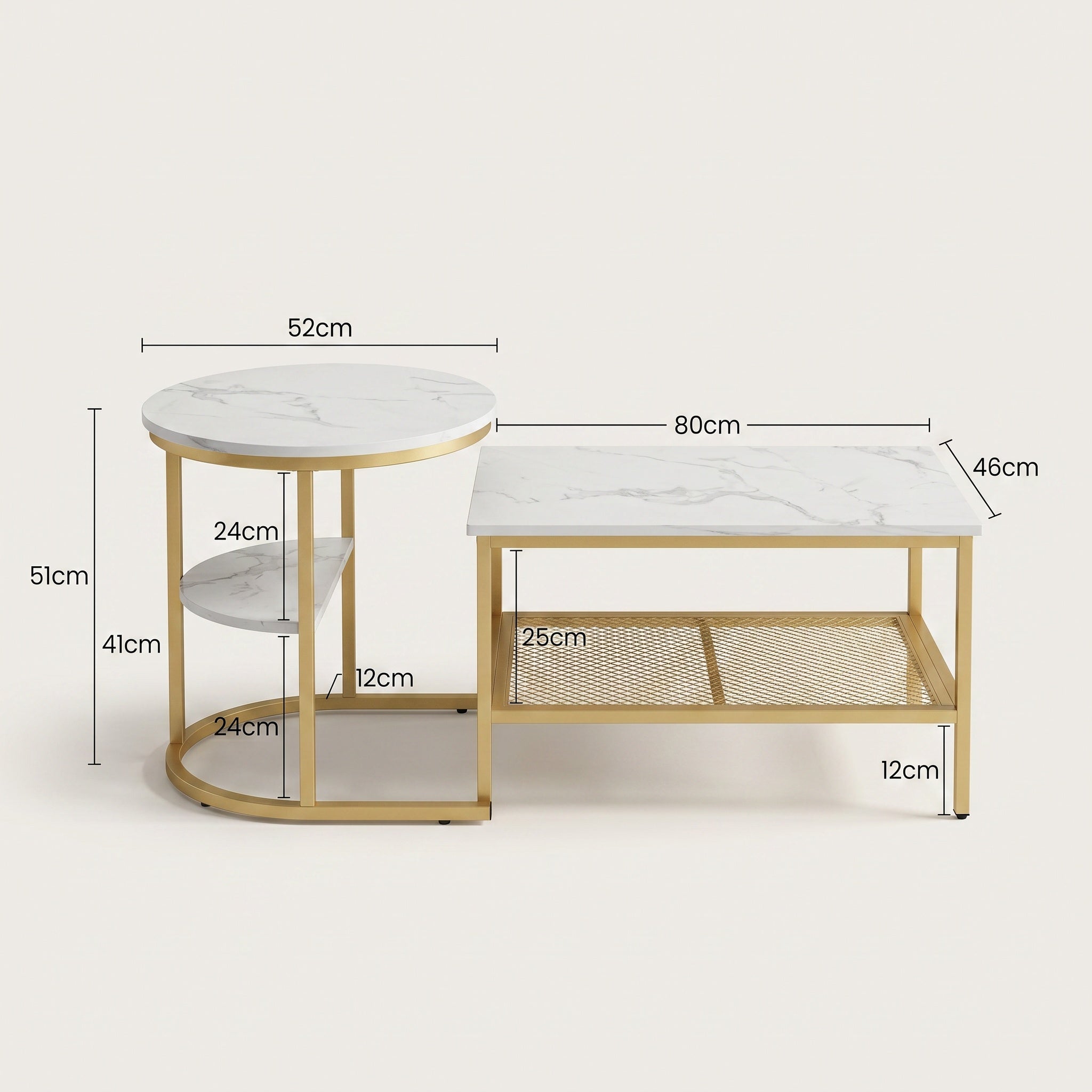 Tables basses gigognes marbre blanc et métal noir