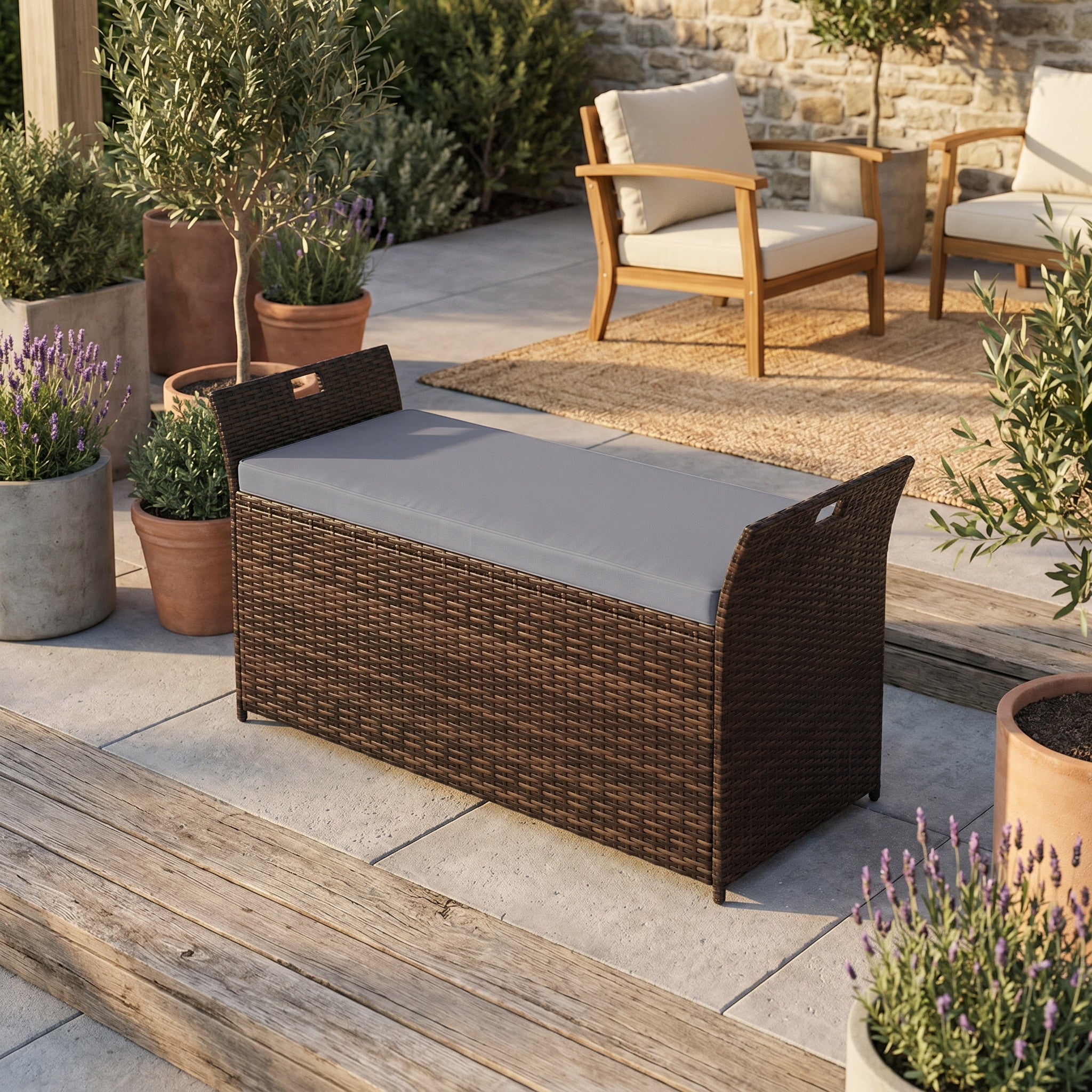Banquette de rangement extérieure en résine tressée avec coussin gris