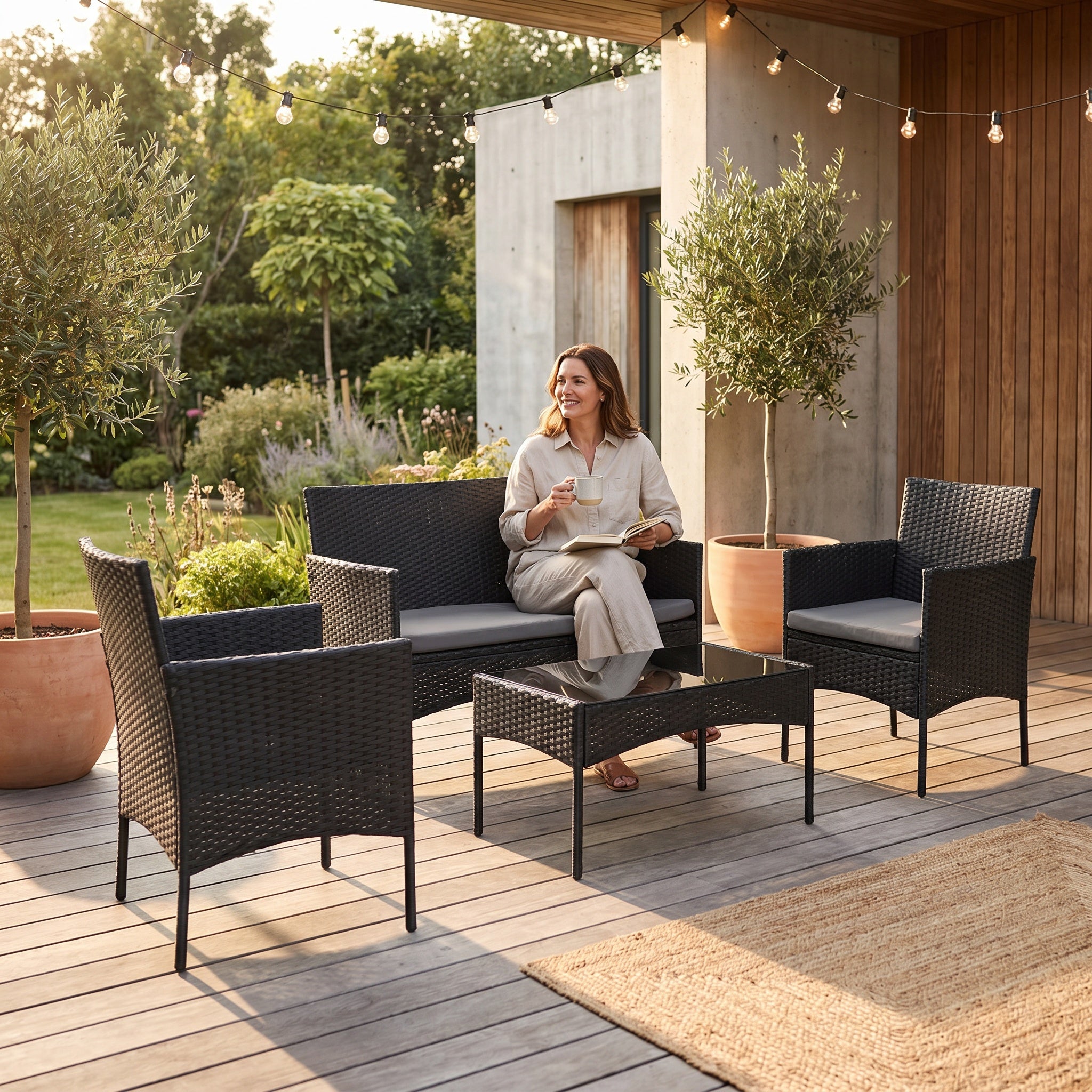 Salon de jardin en résine tressée 4 pièces avec table basse