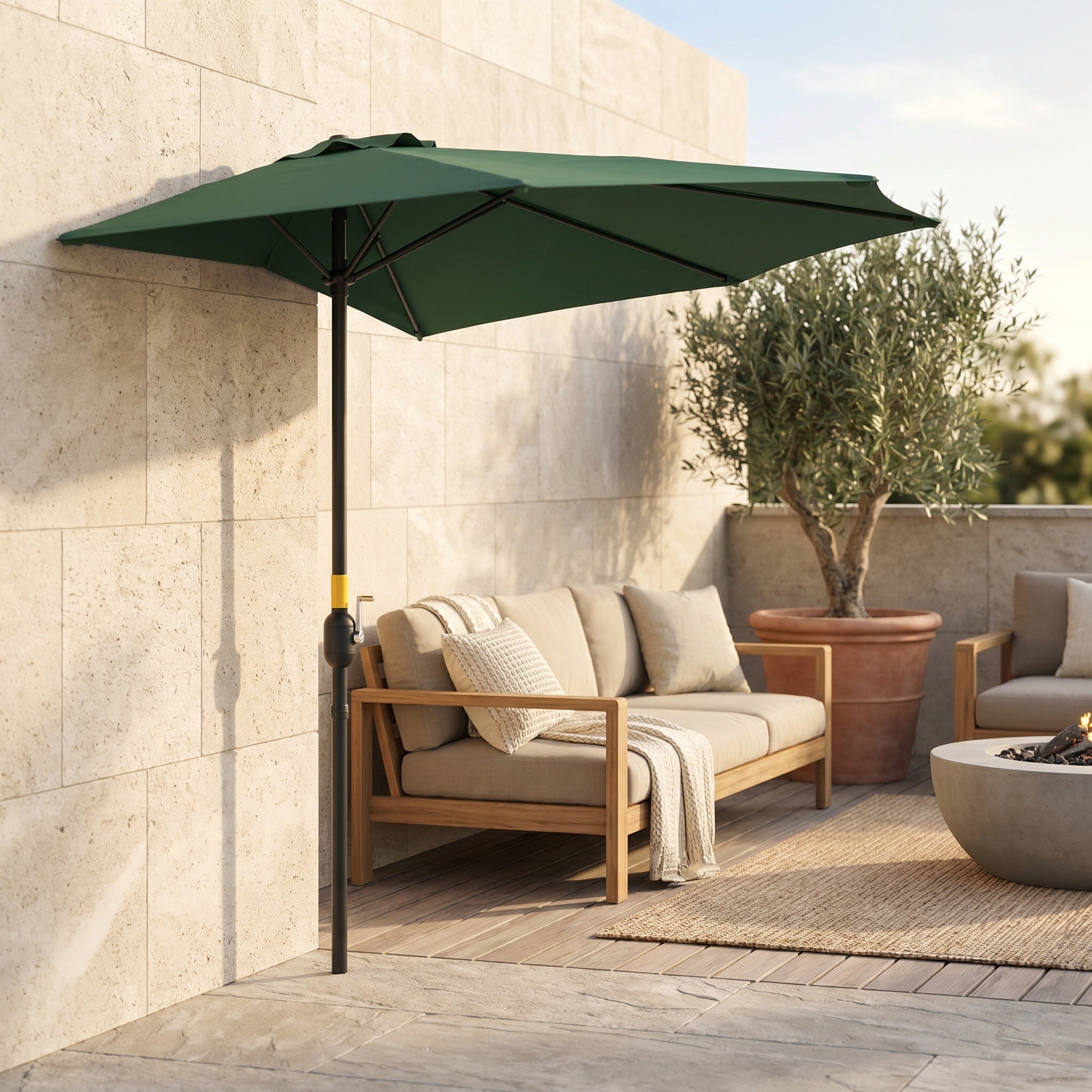 Parasol droit en aluminium à toile verte avec manivelle