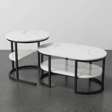 Tables basses gigognes marbre blanc et métal noir