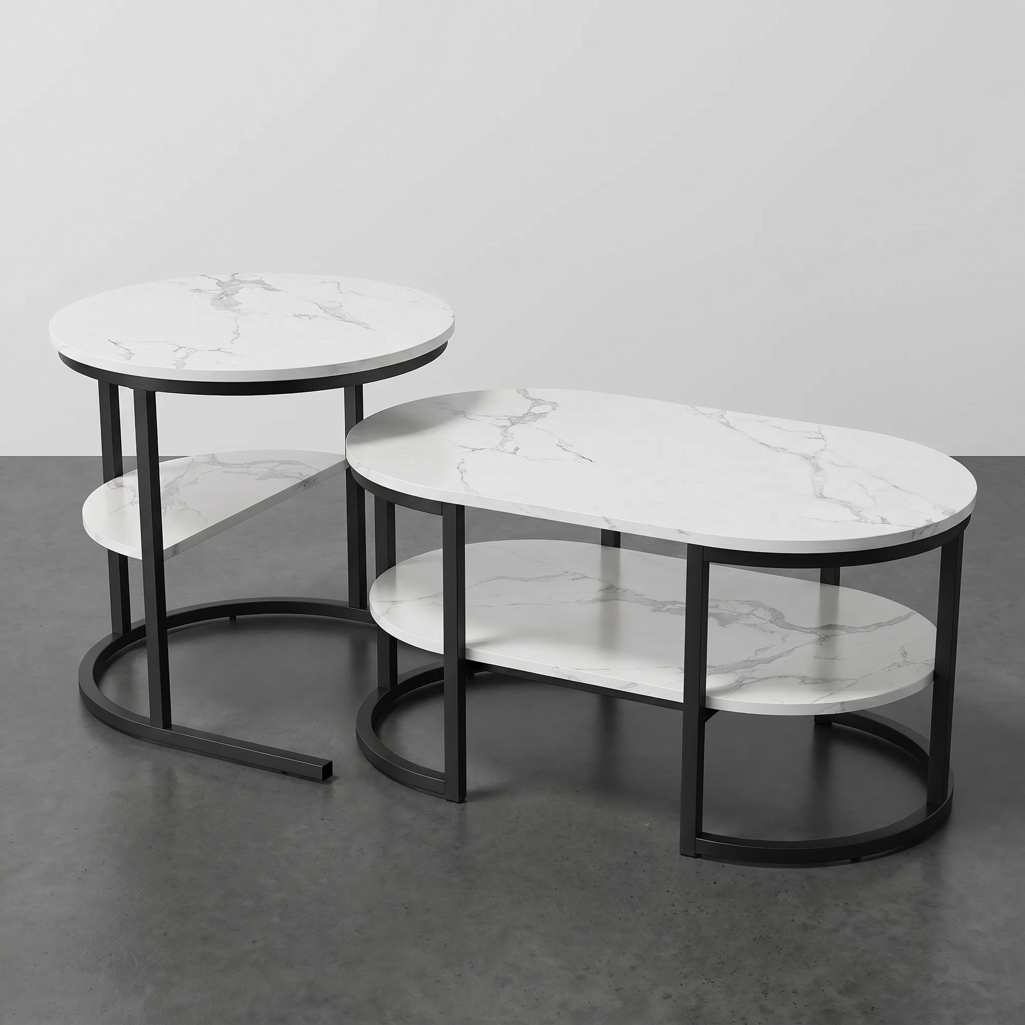 Tables basses gigognes marbre blanc et métal noir