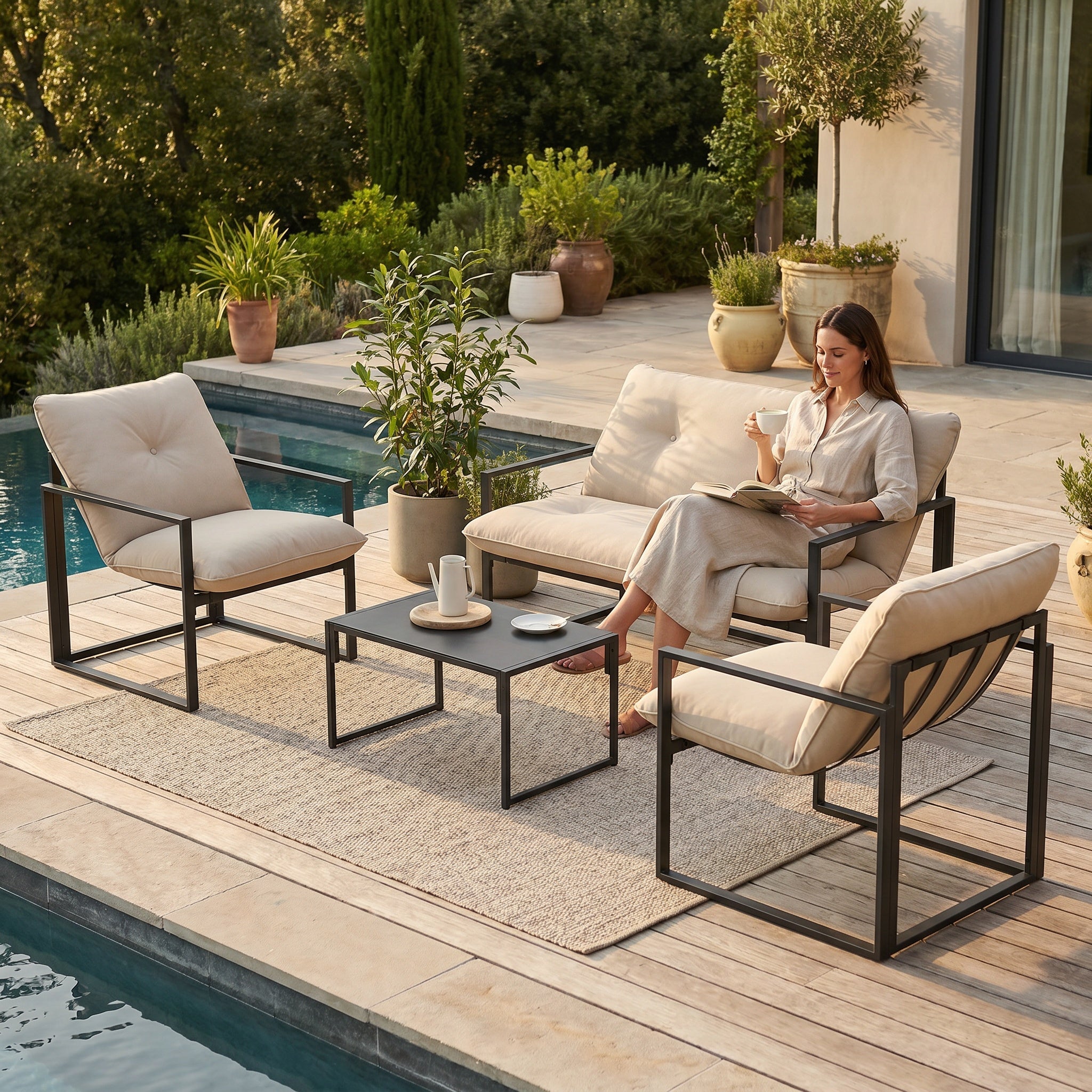 Salon lounge bas avec table et coussins beiges
