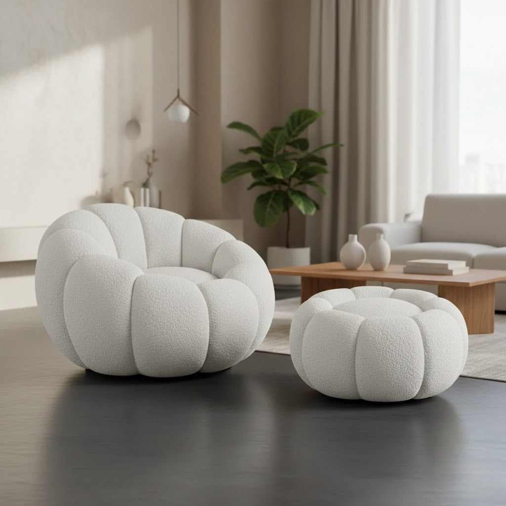 Fauteuil Pouf et Repose-pieds en bouclette design Coquillage