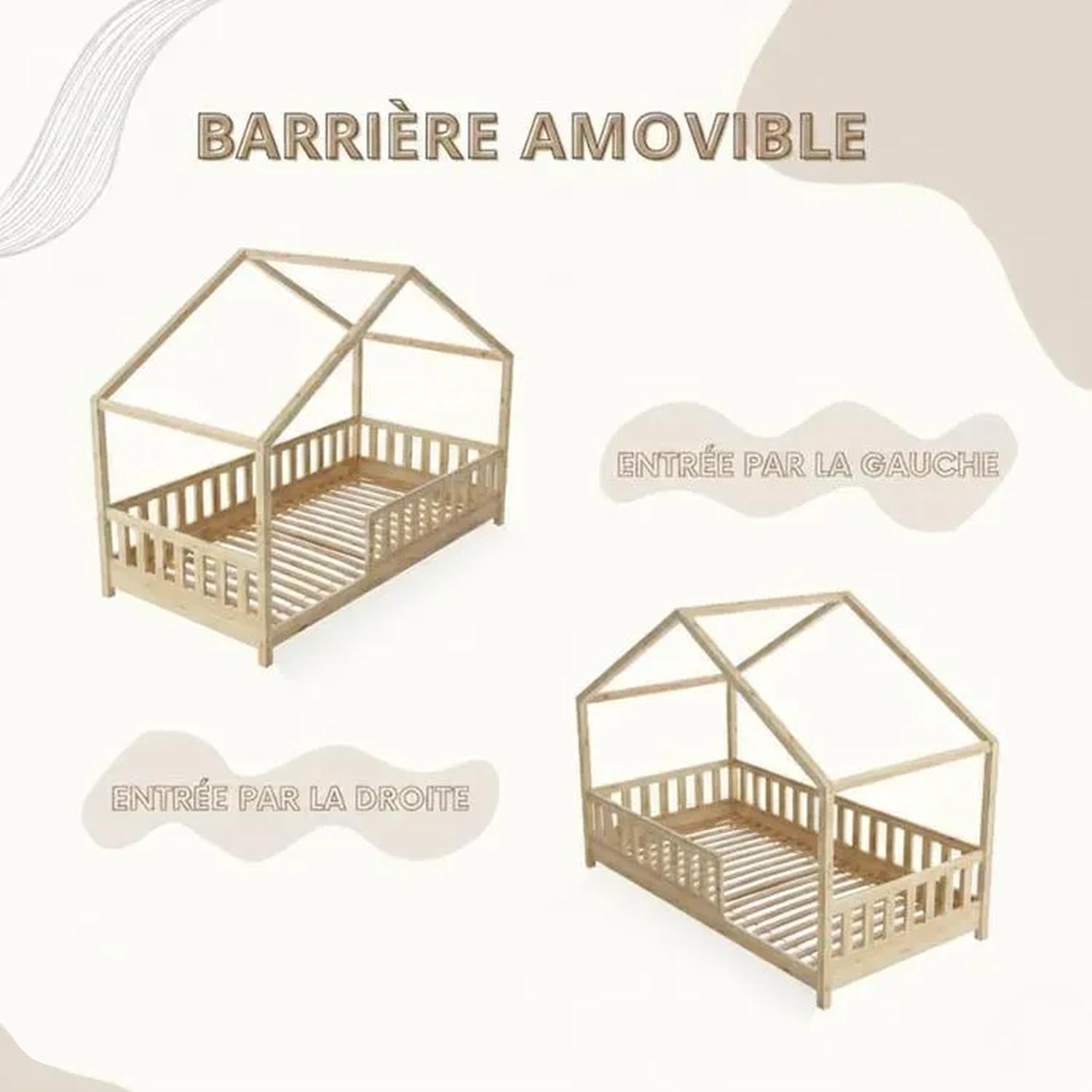 Lit Cabane en Bois pour Enfant 90x190 cm