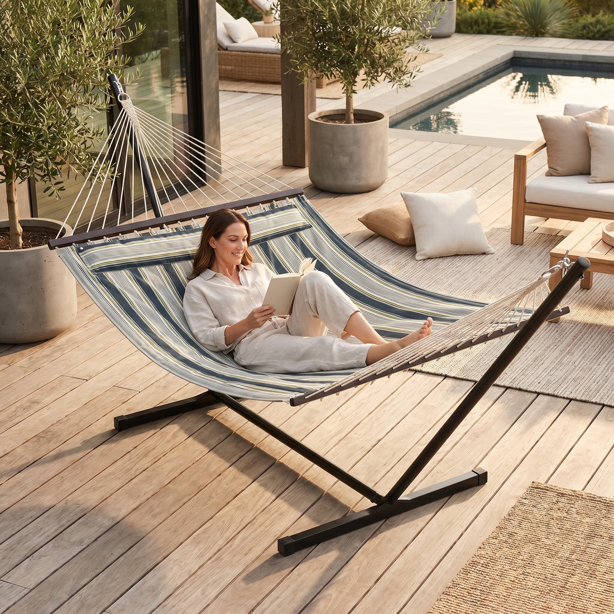 Hamac à barres avec support motif rayé bleu