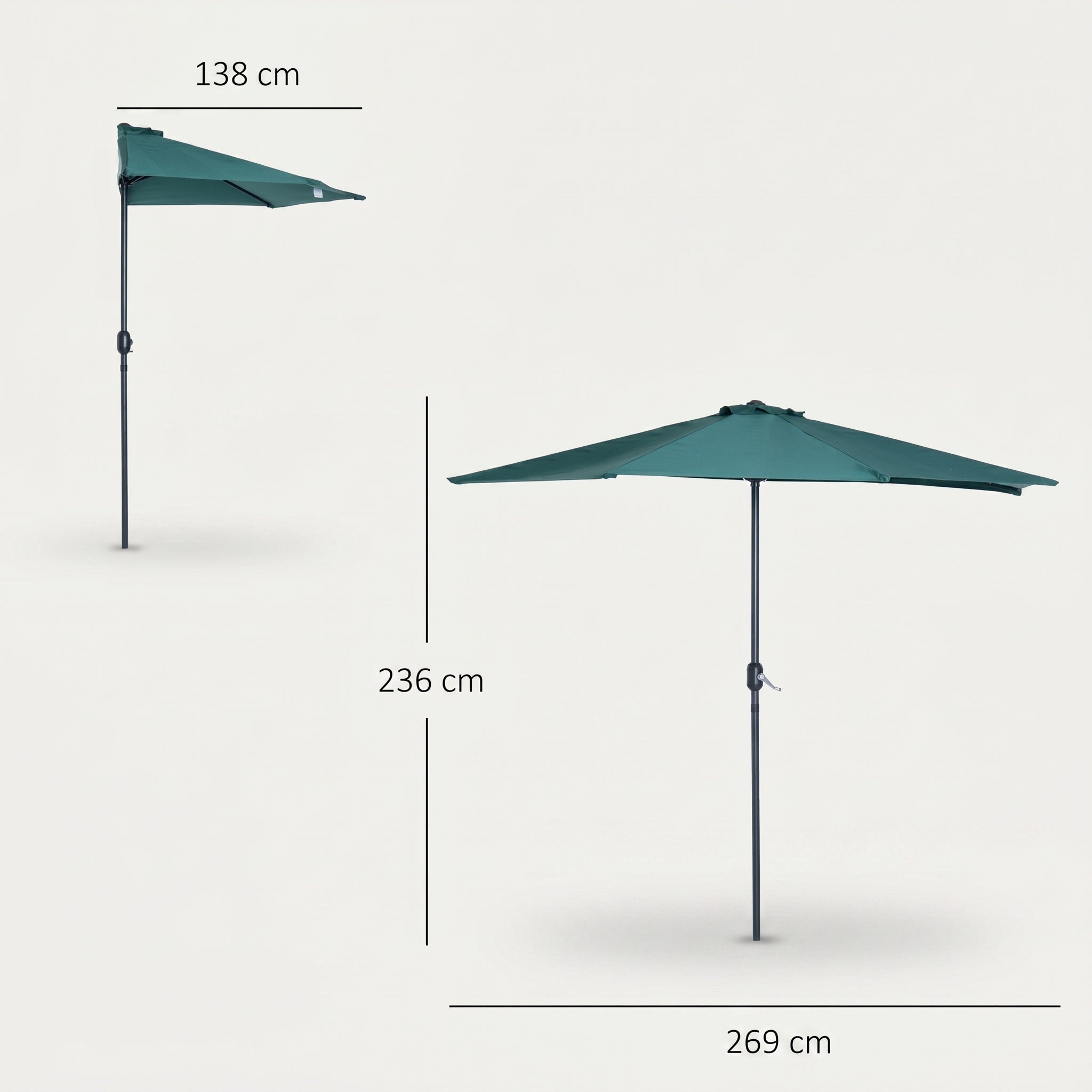 Parasol droit en aluminium à toile verte avec manivelle