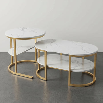 Tables basses gigognes marbre blanc et métal noir