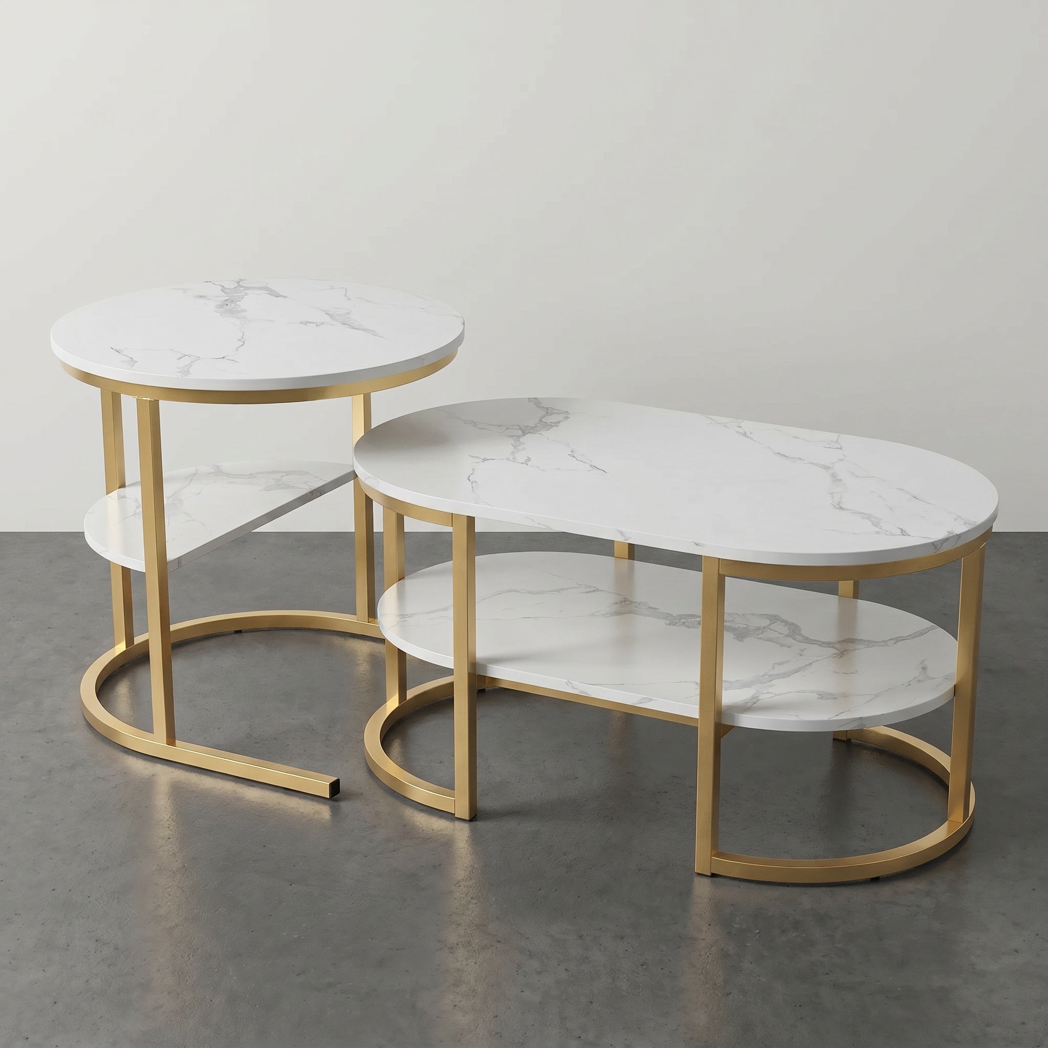 Tables basses gigognes marbre blanc et métal noir