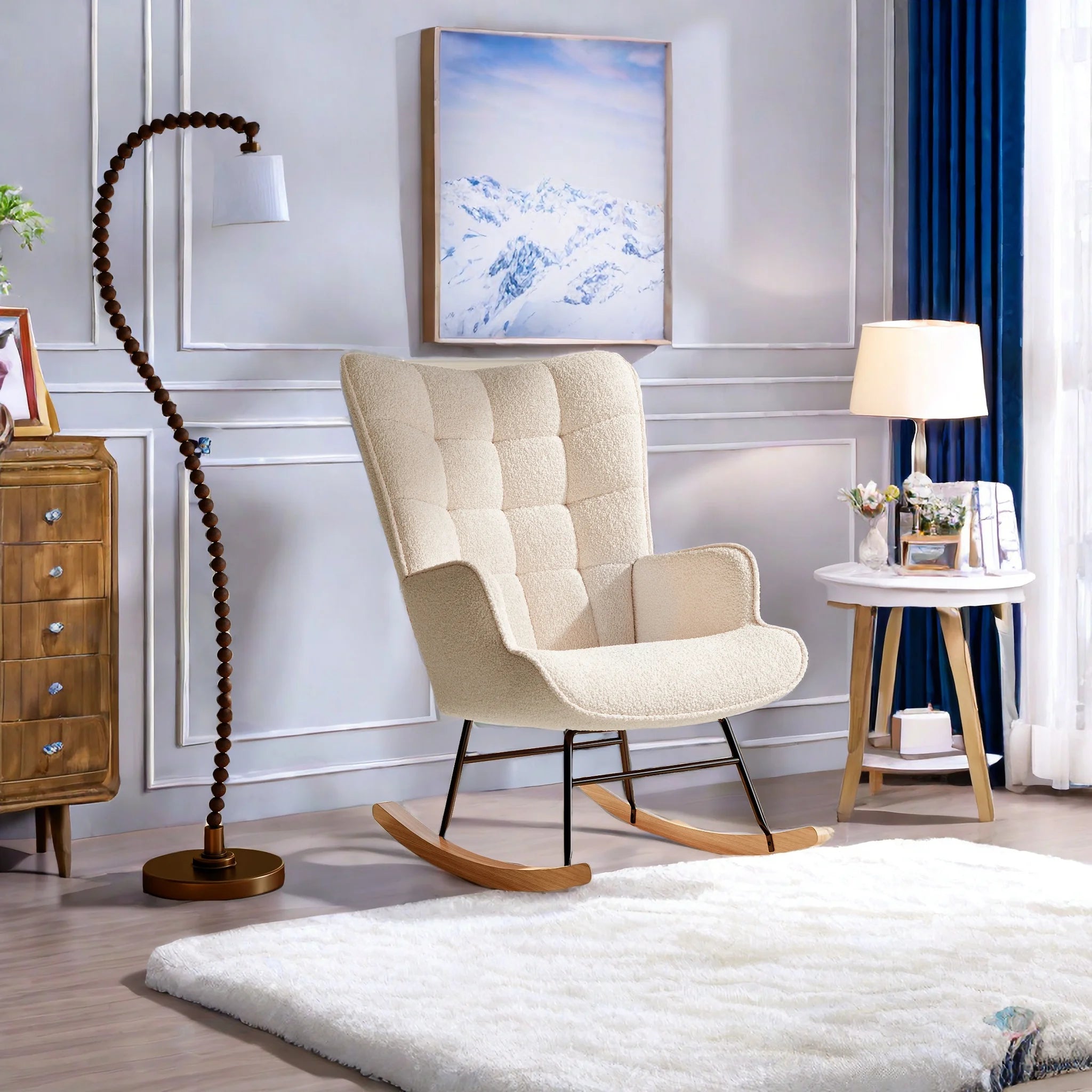 ROSAHQNDA Rocking chair, soft plush fabric with armrests and backrest, casual upholstered chair, for living room, bedroom, Yard