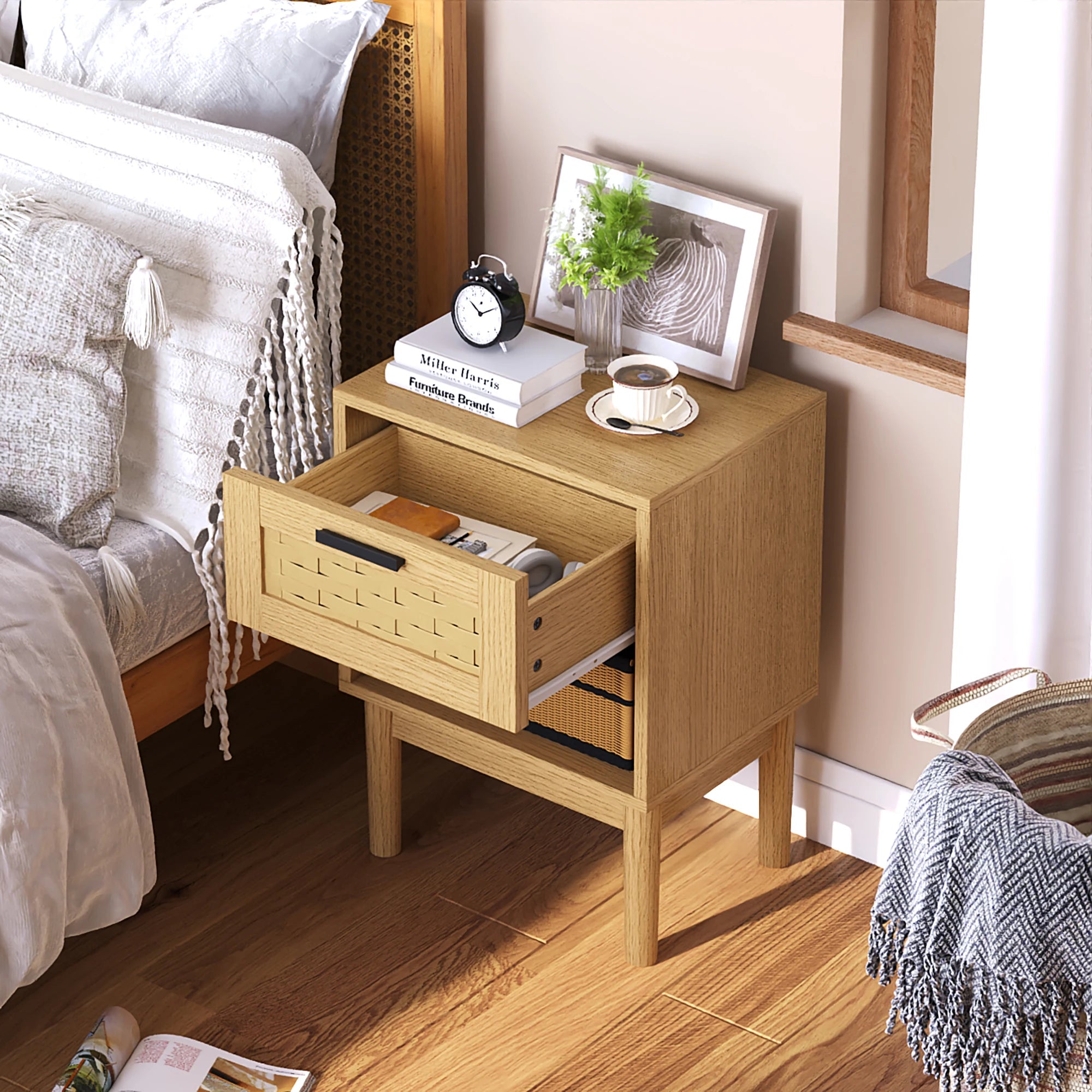 Lot de 2 Tables de Chevet avec Tiroir Tressé