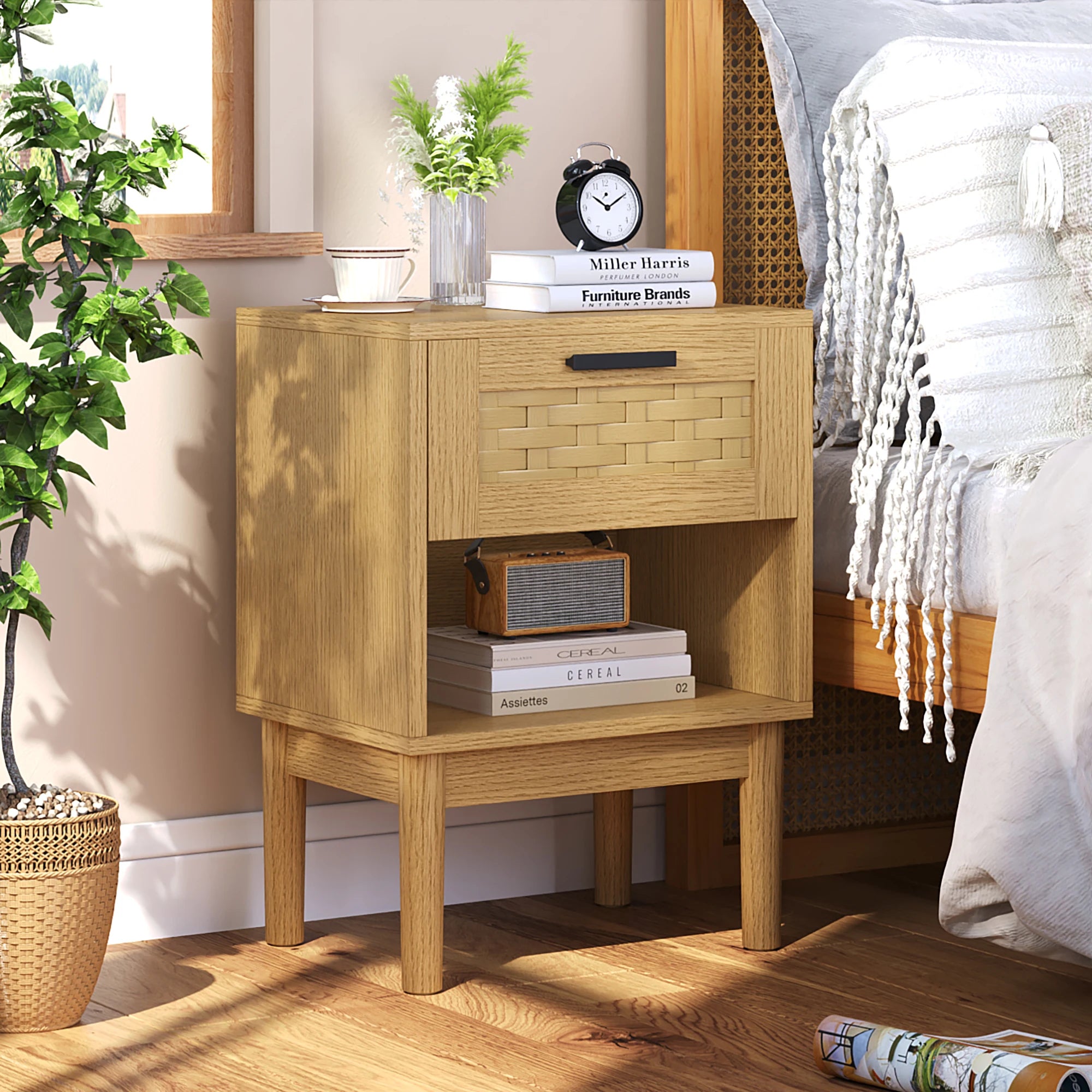 Lot de 2 Tables de Chevet avec Tiroir Tressé