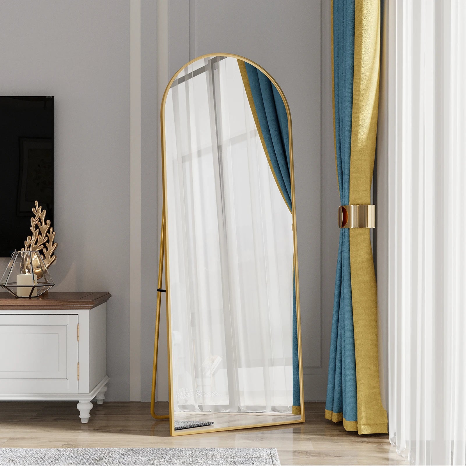 Miroir sur Pied Courbé – Verre Trempé et Cadre Doré