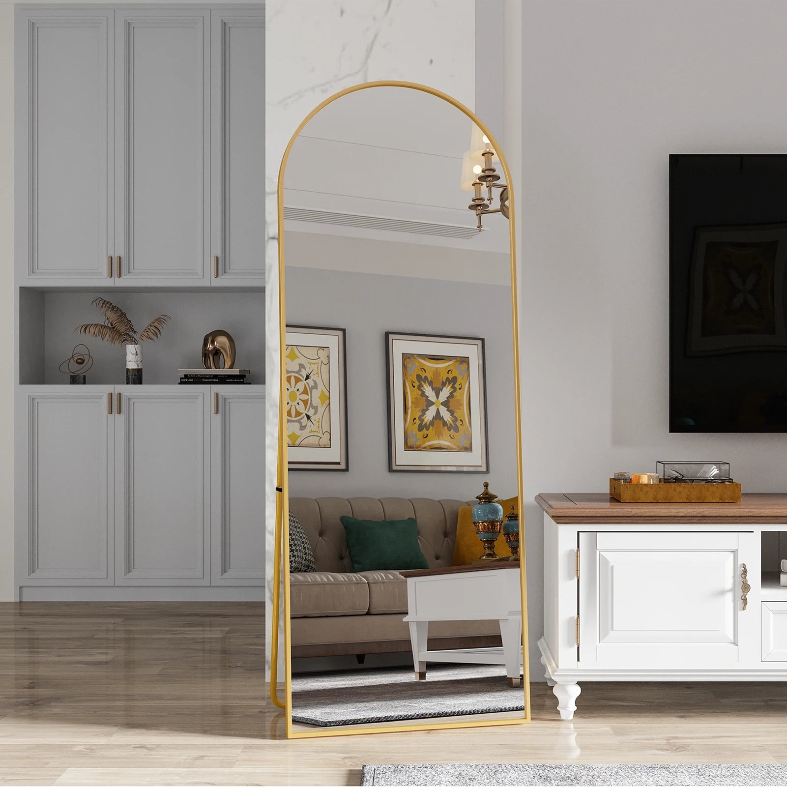 Miroir sur Pied Courbé – Verre Trempé et Cadre Doré