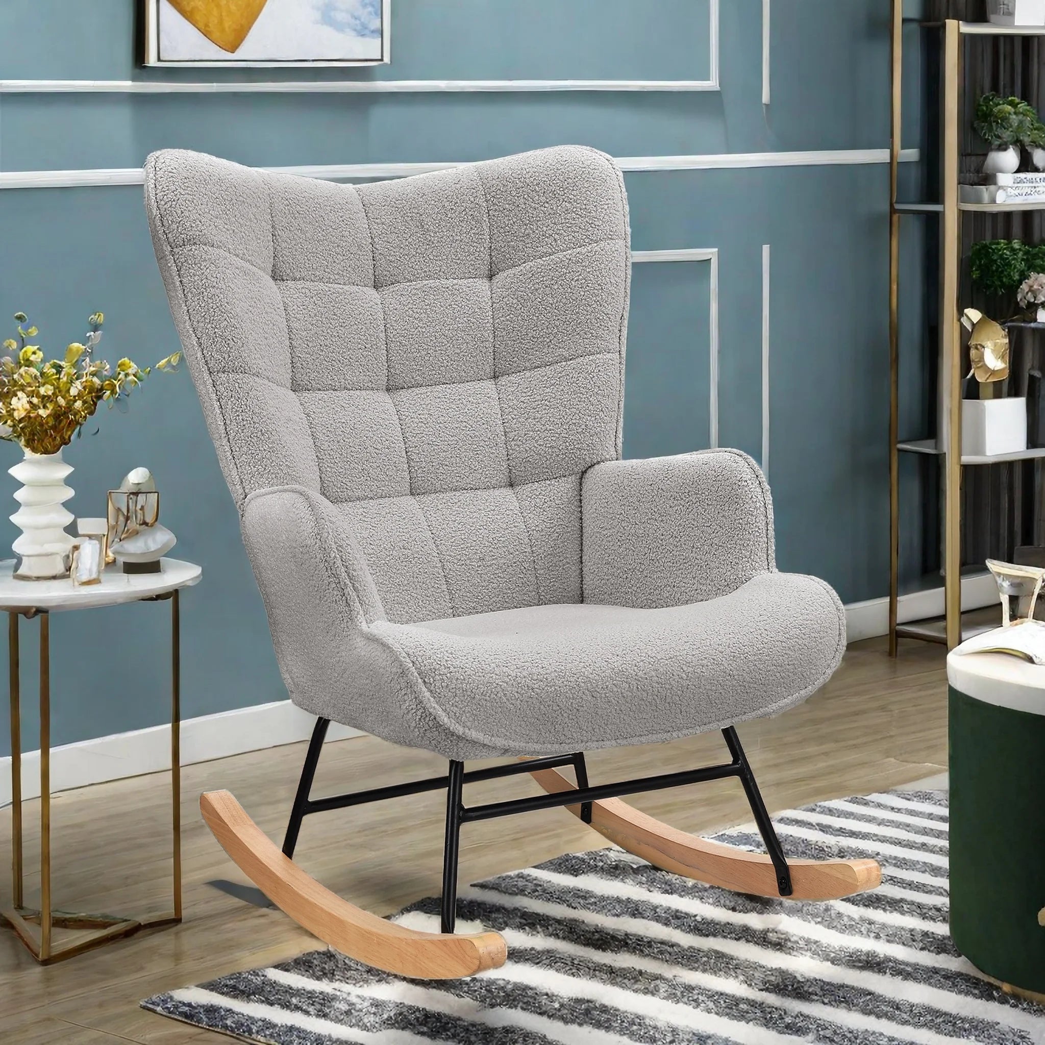 ROSAHQNDA Rocking chair, soft plush fabric with armrests and backrest, casual upholstered chair, for living room, bedroom, Yard