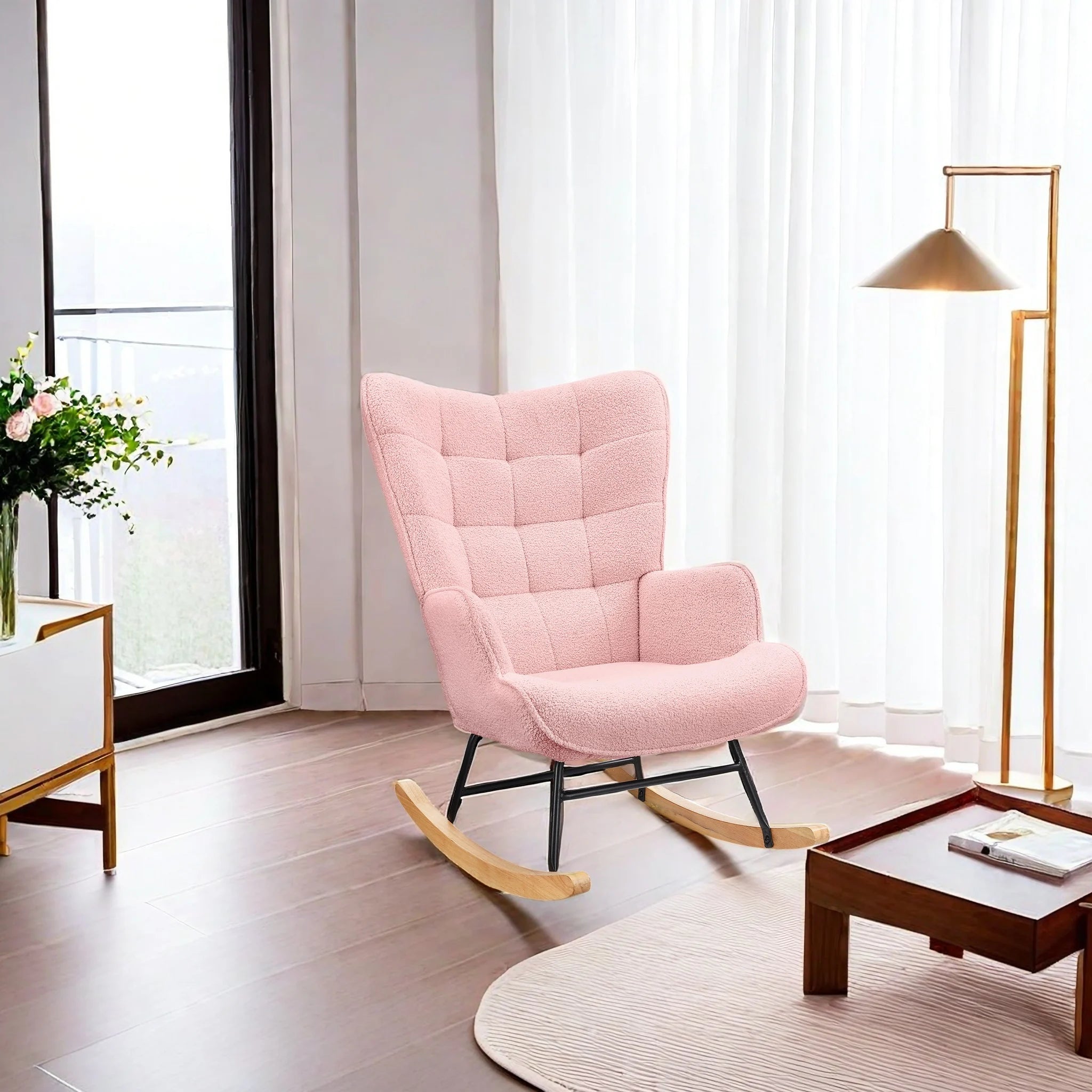 ROSAHQNDA Rocking chair, soft plush fabric with armrests and backrest, casual upholstered chair, for living room, bedroom, Yard