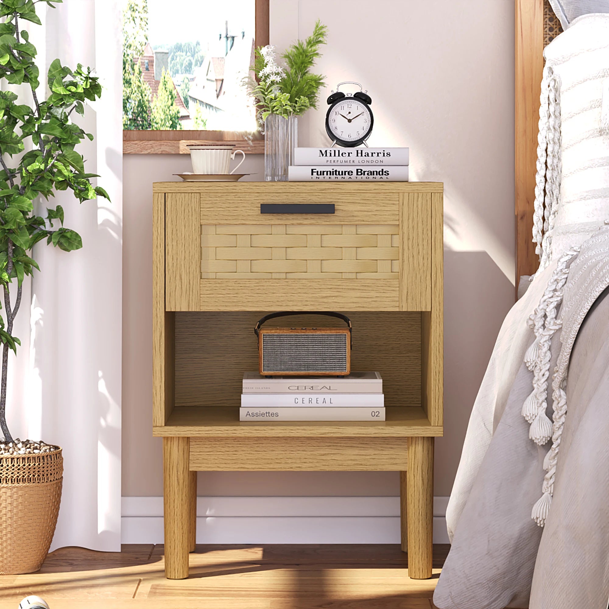 Lot de 2 Tables de Chevet avec Tiroir Tressé