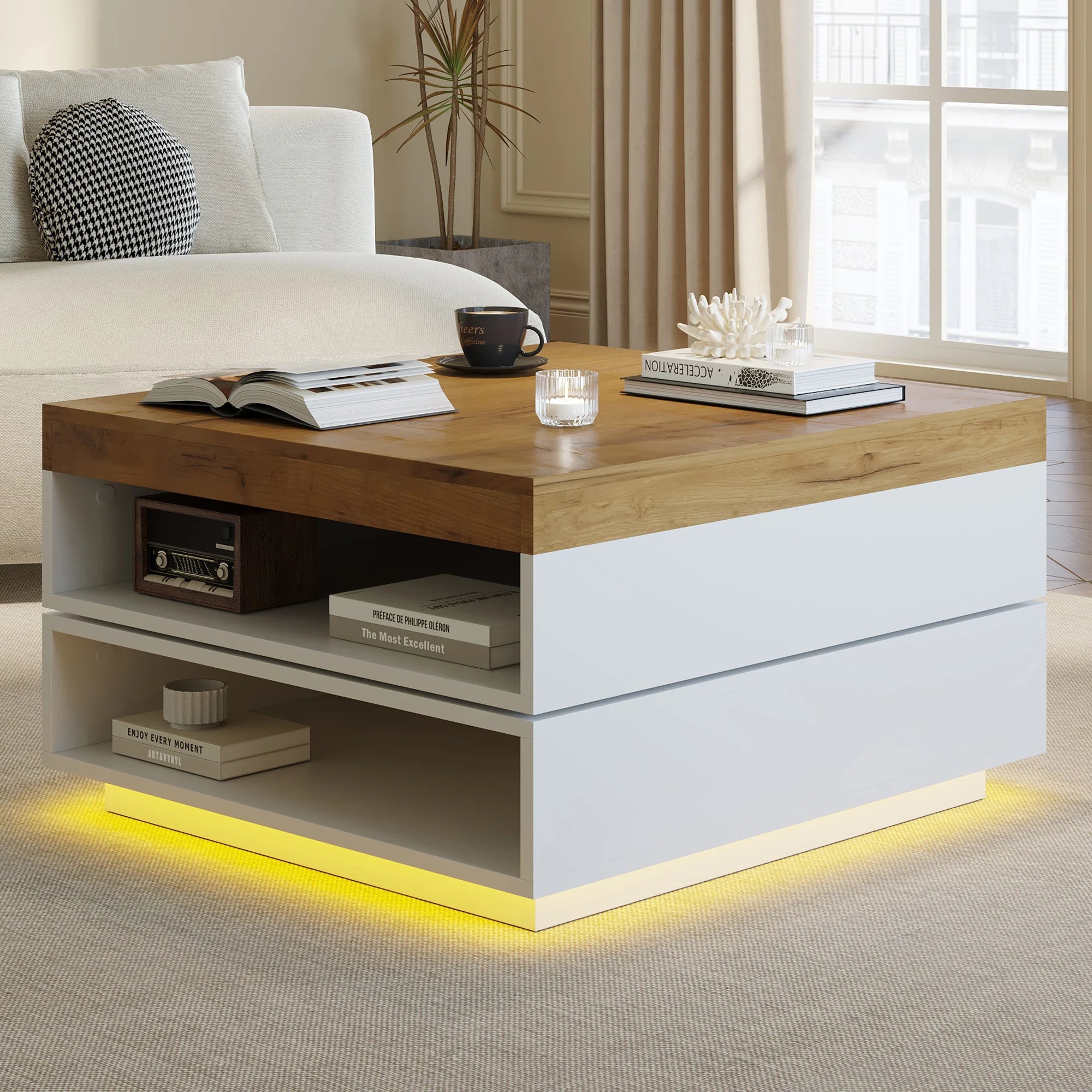 Table basse moderne blanche et bois