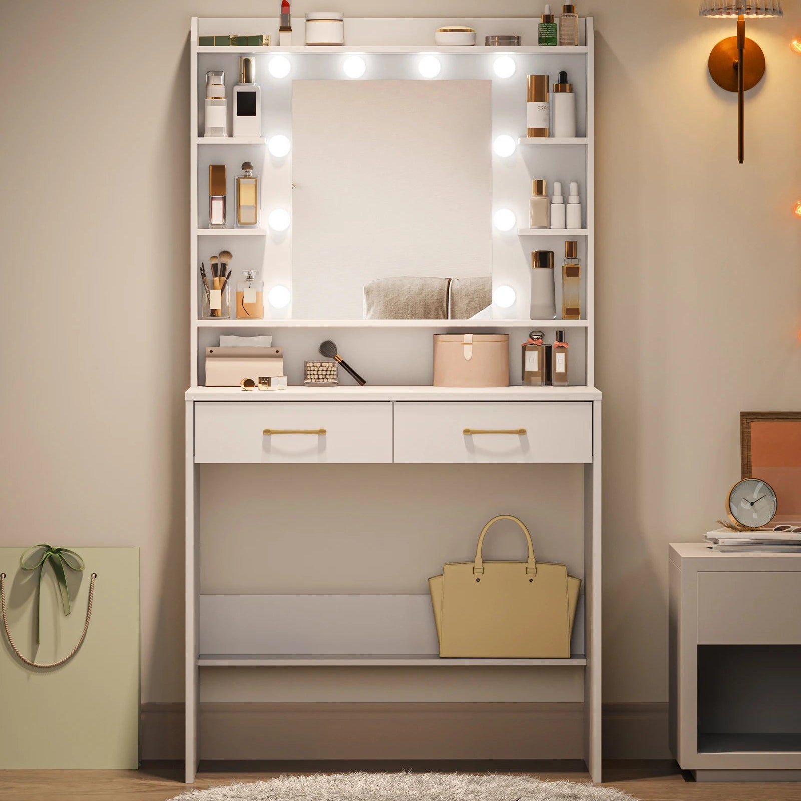 Coiffeuse avec miroir, étagères et tiroirs