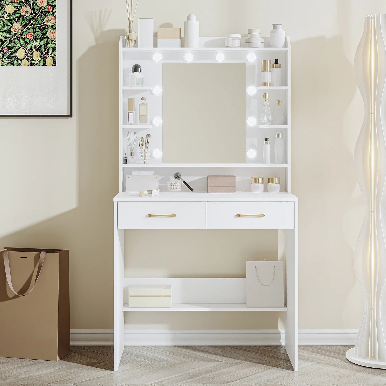 Coiffeuse avec miroir, étagères et tiroirs