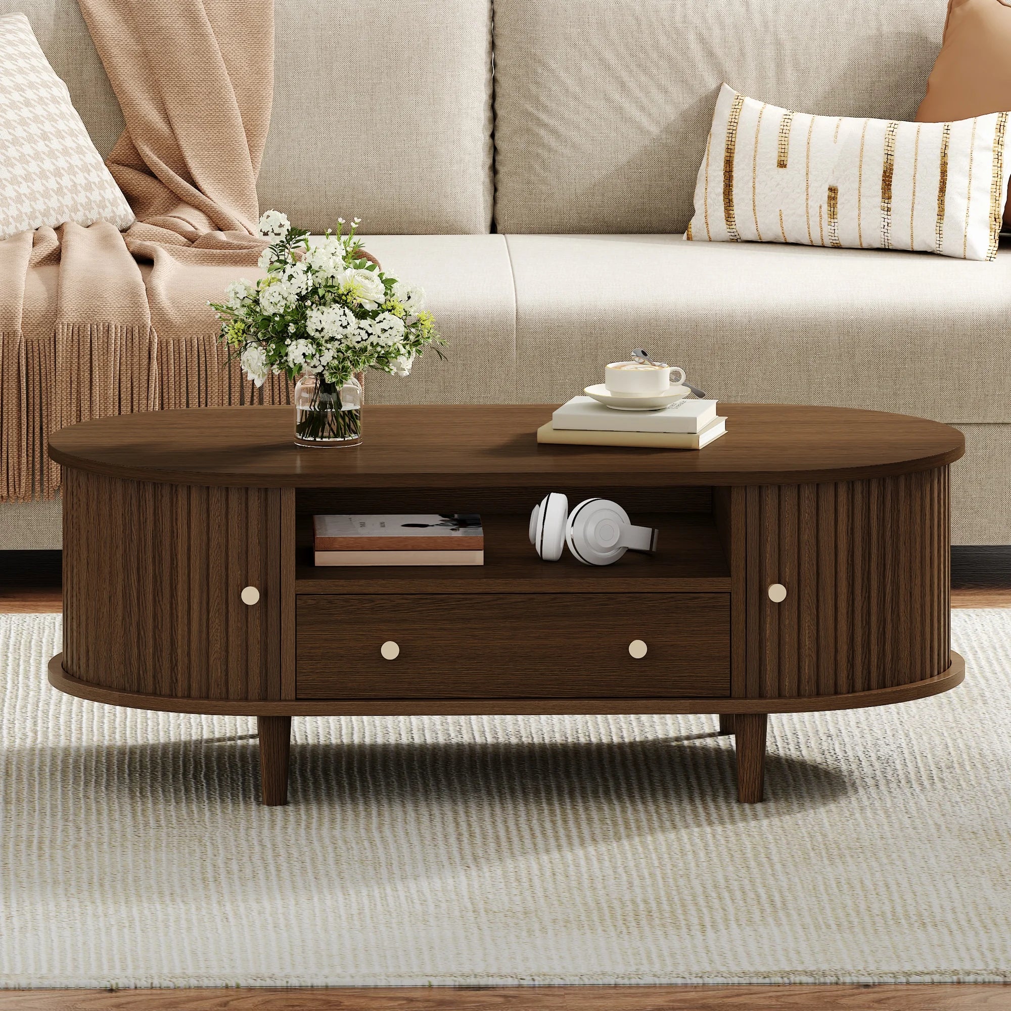 Meuble TV ovale en bois foncé