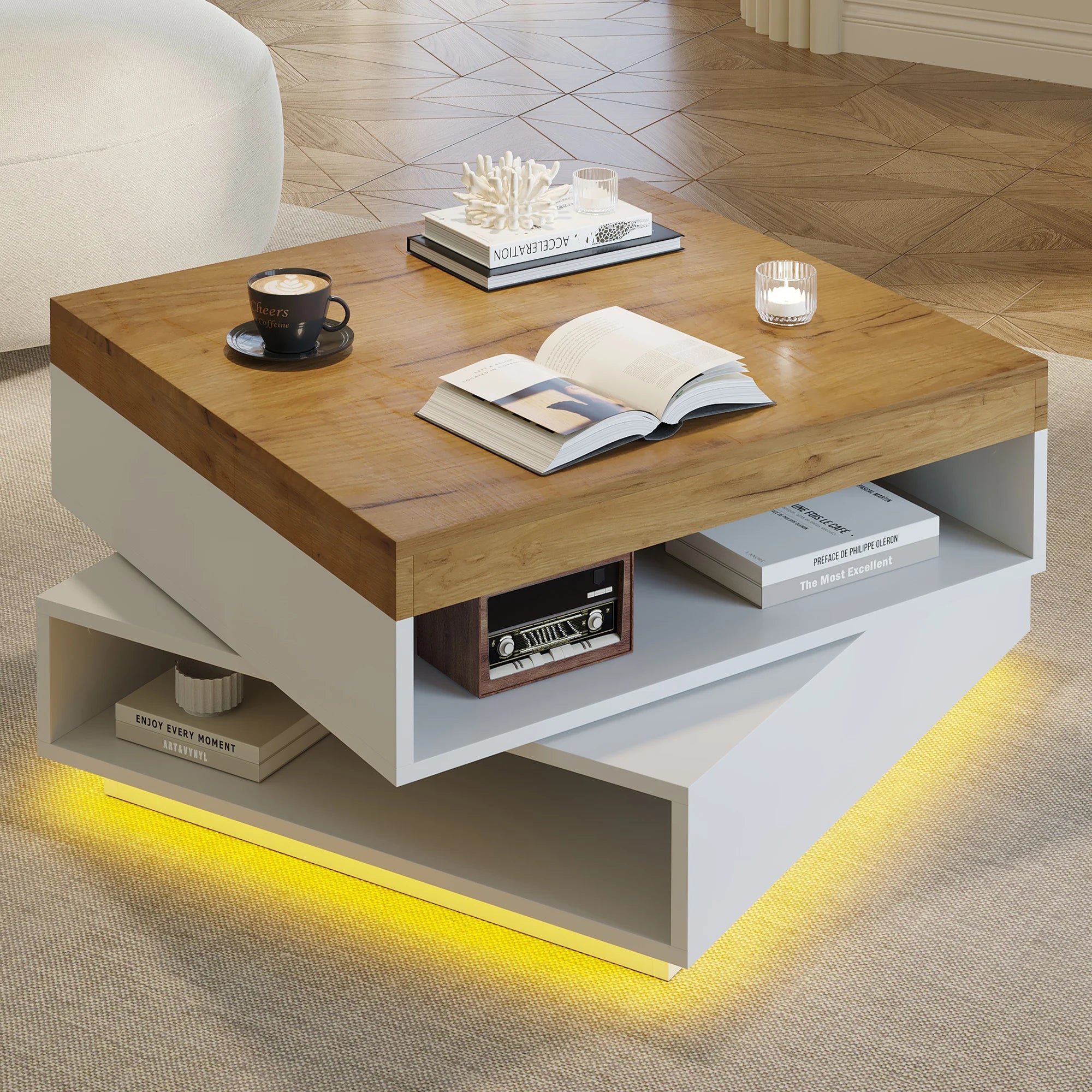 Table basse moderne blanche et bois