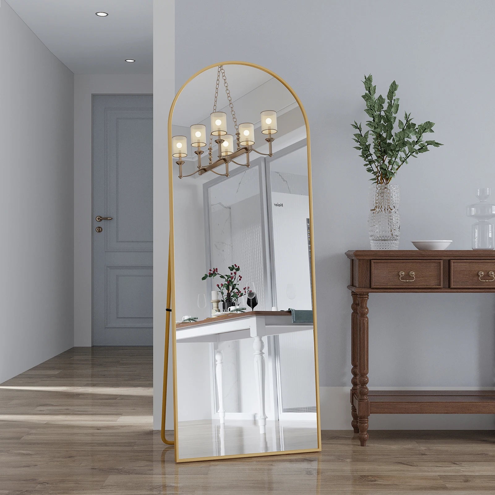 Miroir sur Pied Courbé – Verre Trempé et Cadre Doré