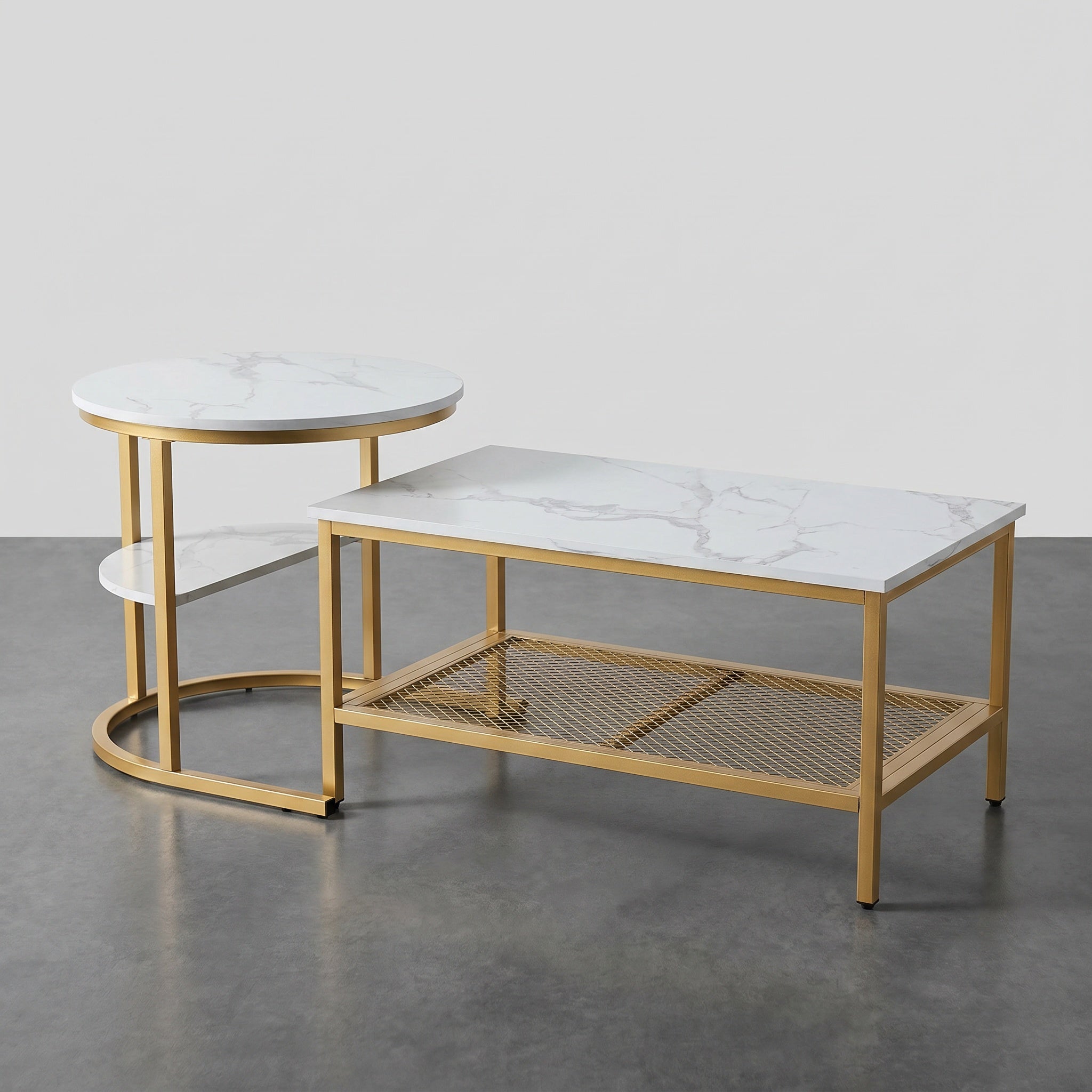 Tables basses gigognes marbre blanc et métal noir