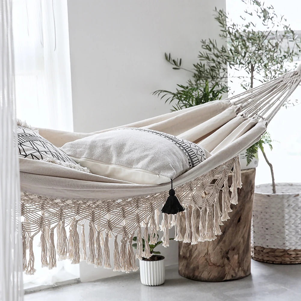 Hamac en coton écru à franges bohème