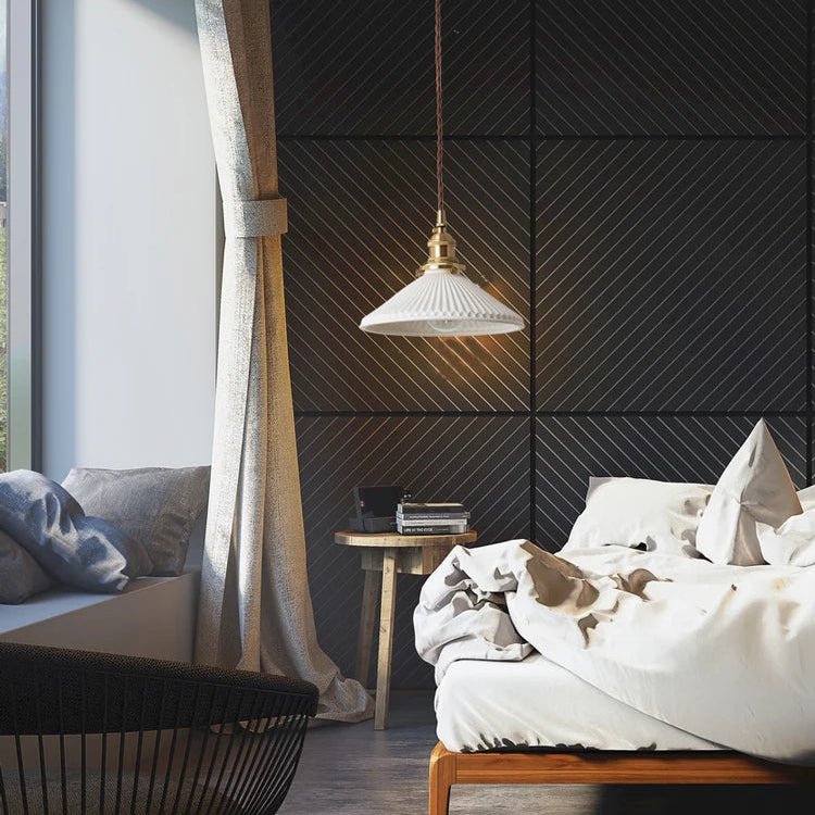 Suspension LED en céramique japonaise en forme de chapeau plissé - Ampoule incluse