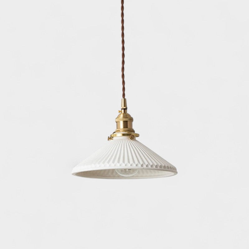 Suspension LED en céramique japonaise en forme de chapeau plissé - Ampoule incluse