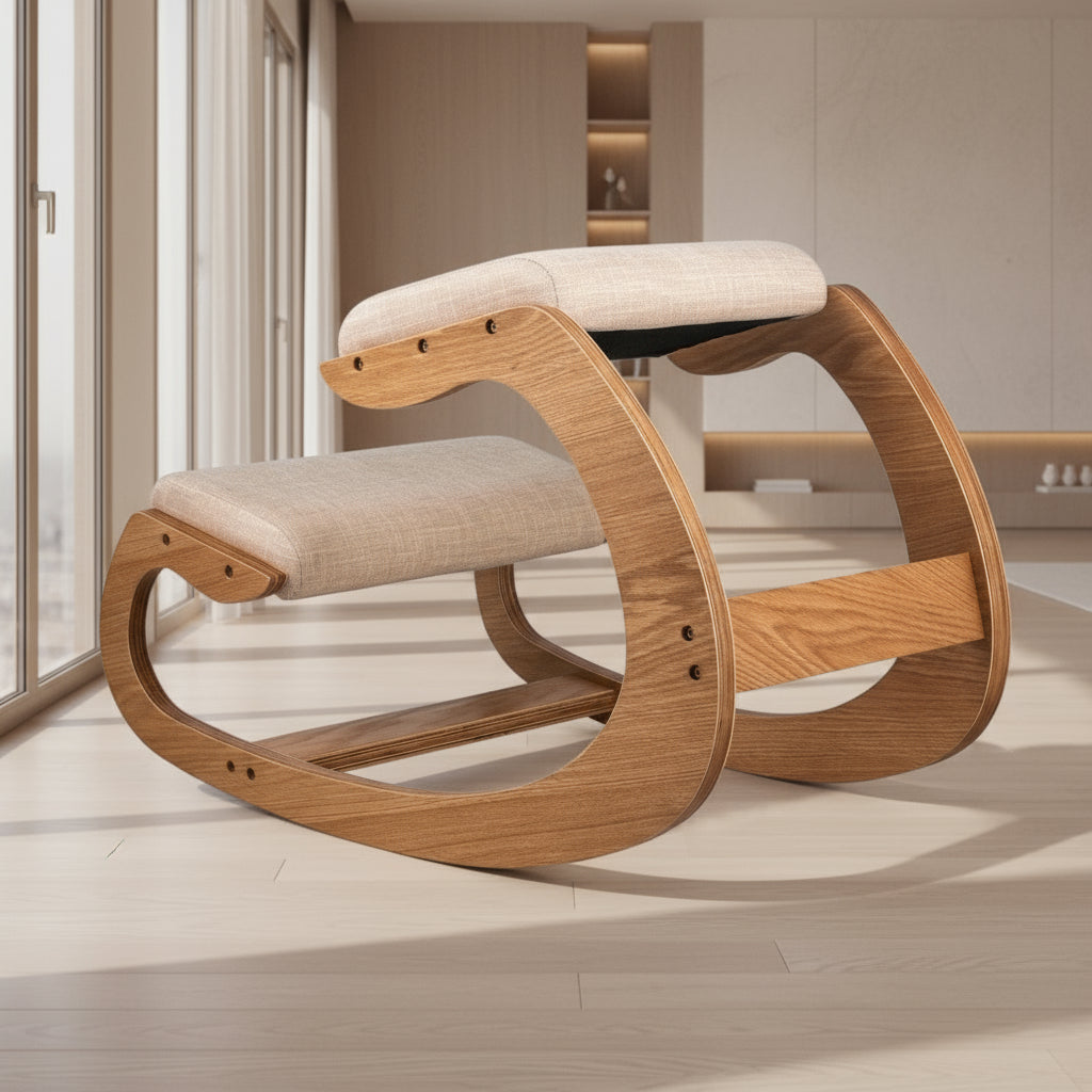SucceBuy Ergonomic Kneeling Chair Stool W/ Thick Cushion Home Office Chair Improving Body Posture Rocking Wood Computer Chair