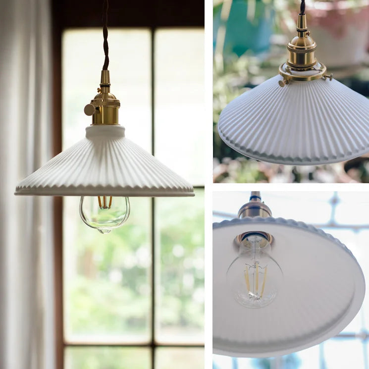 Suspension LED en céramique japonaise en forme de chapeau plissé - Ampoule incluse