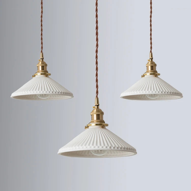 Suspension LED en céramique japonaise en forme de chapeau plissé - Ampoule incluse