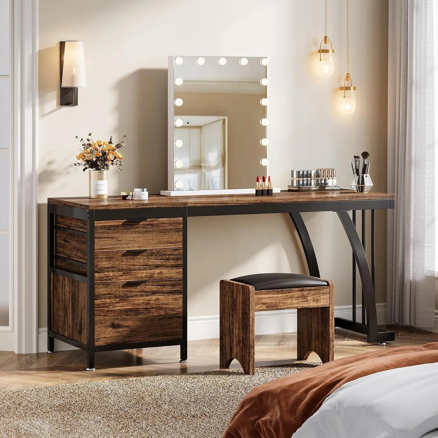 Coiffeuse 3 tiroirs marron rustique
