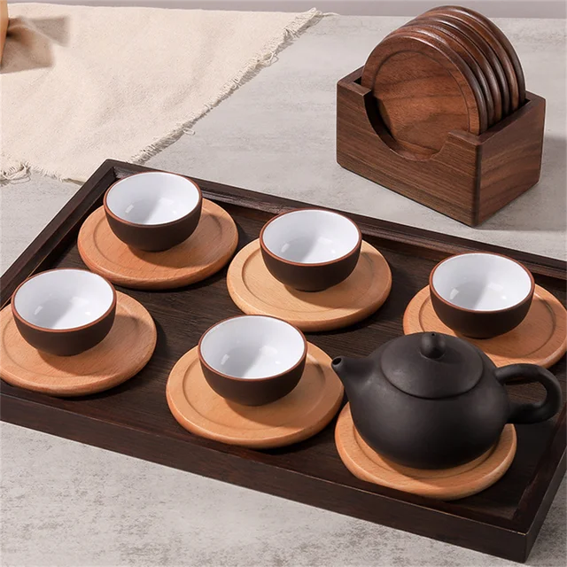 Lot de 6 sous-verres ronds en bois de noyer