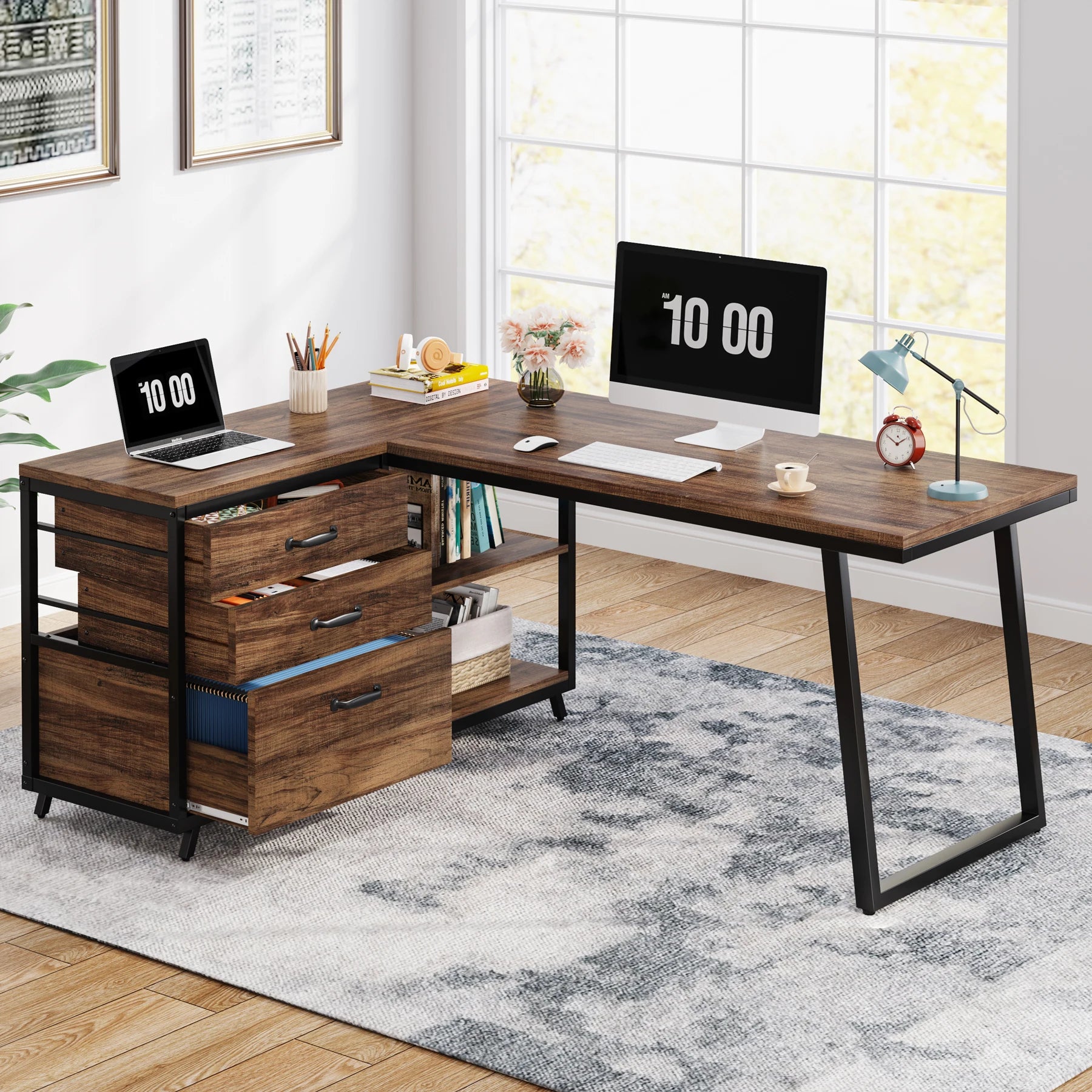 Bureau d’Angle Industriel en Bois Gris avec 3 Tiroirs et Étagères Ouvertes