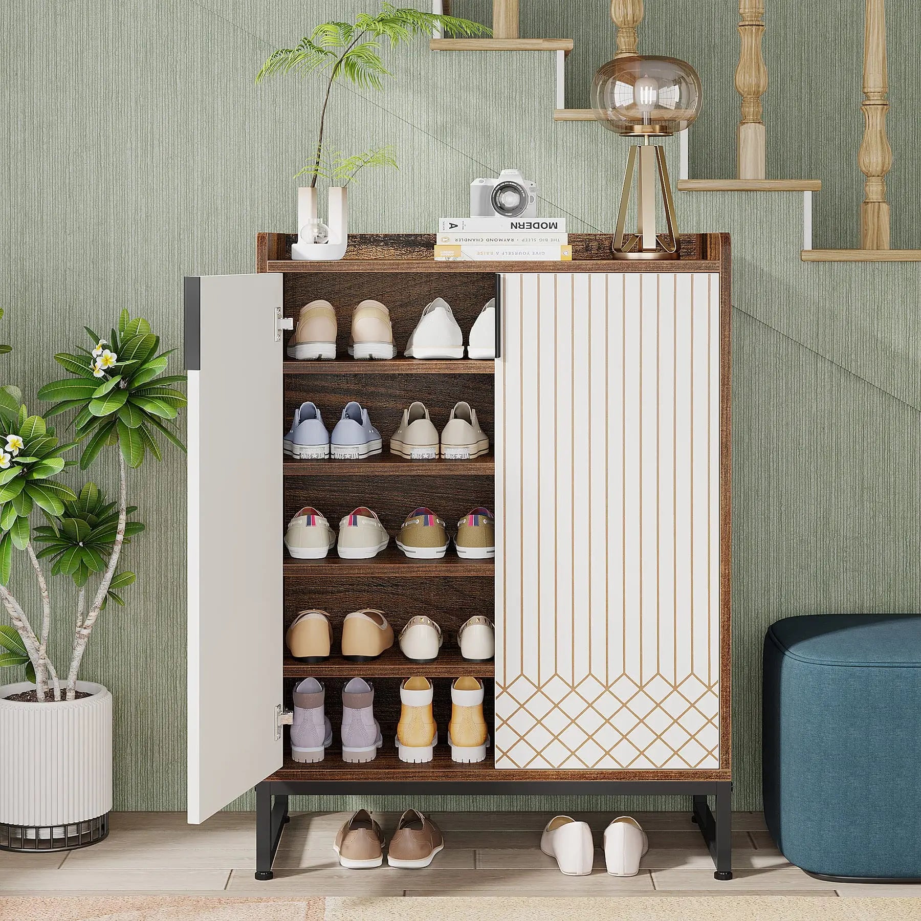 Meuble de Rangement 2 Portes Rainuré avec Motif Géométrique