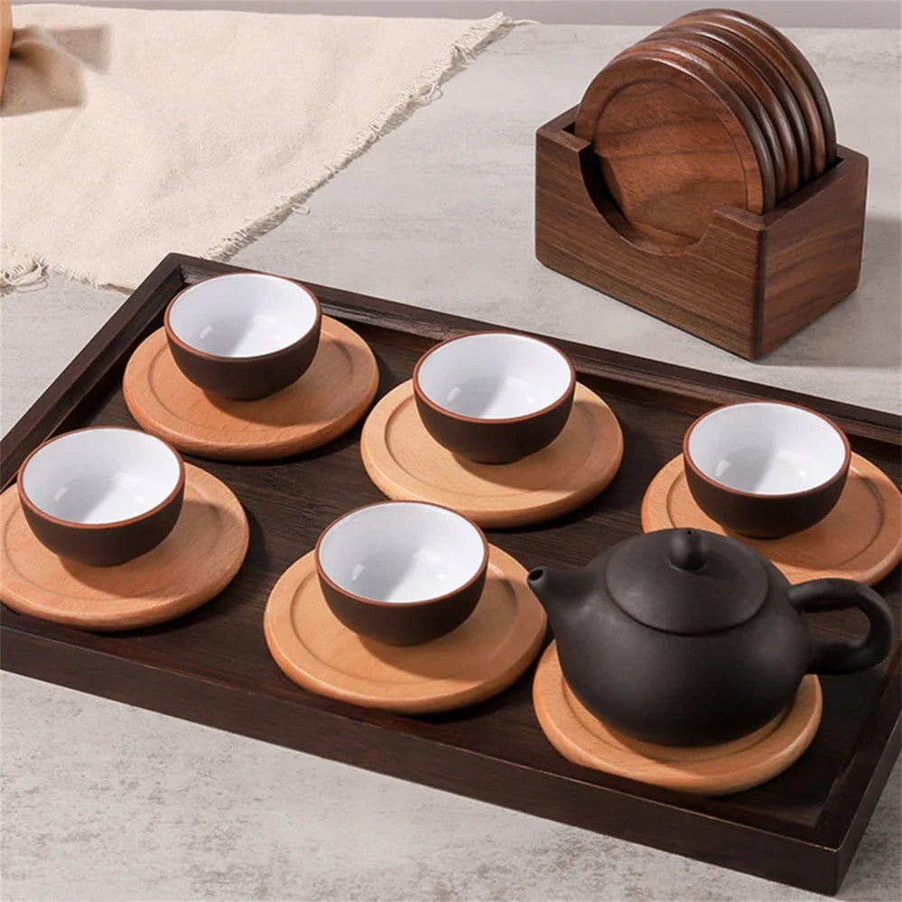 Lot de 6 sous-verres ronds en bois de noyer
