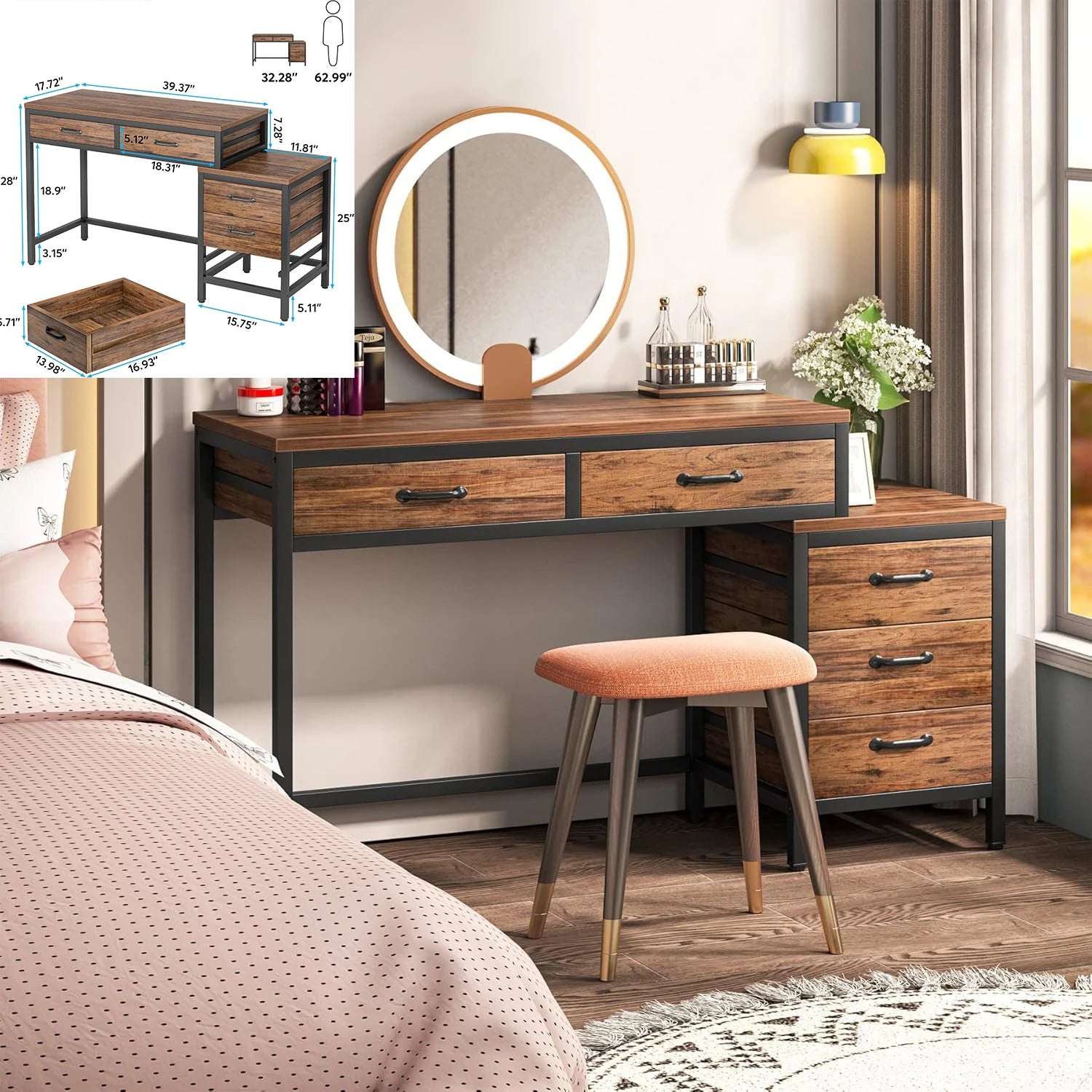 Coiffeuse 3 tiroirs marron rustique