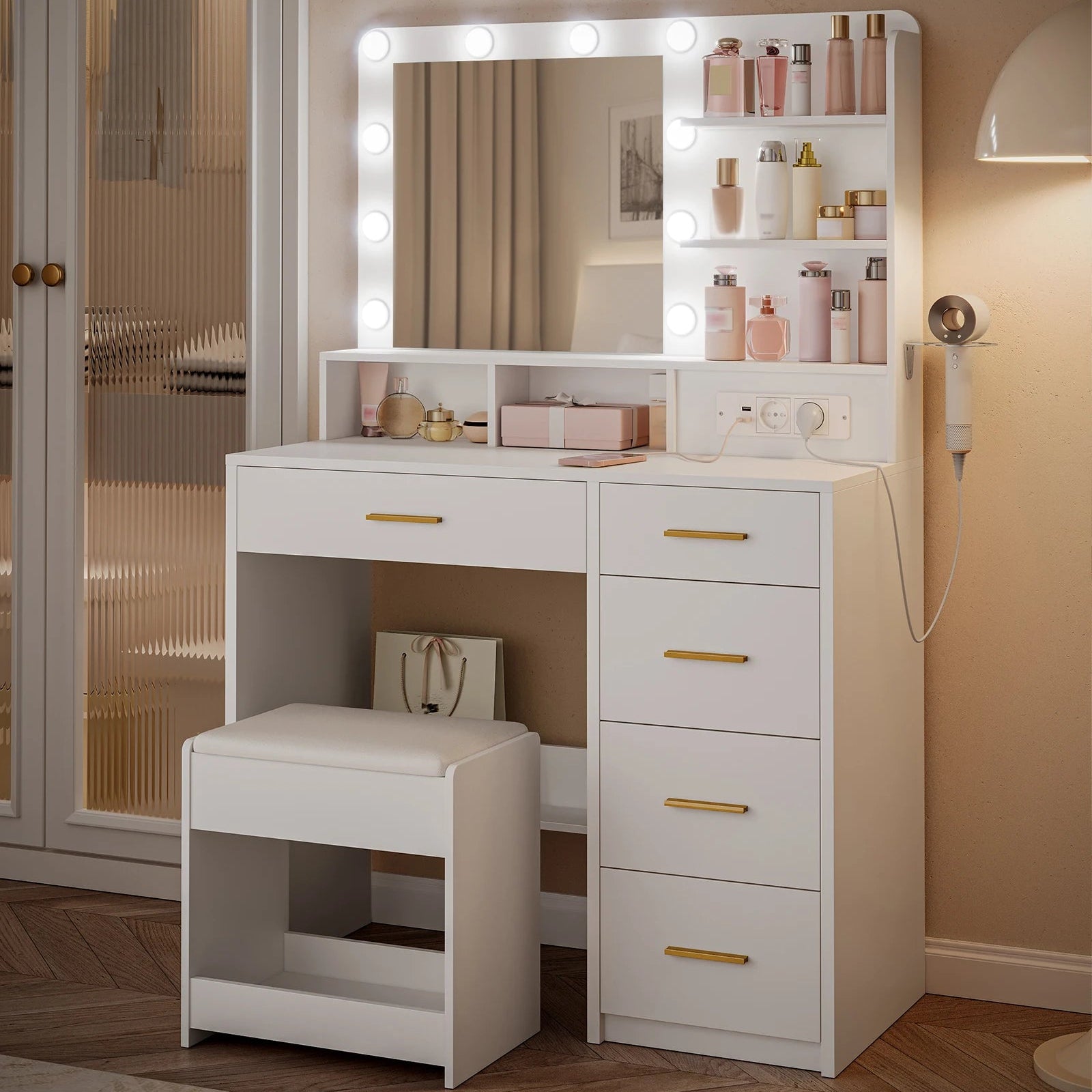 Coiffeuse complète LED avec miroir et tabouret