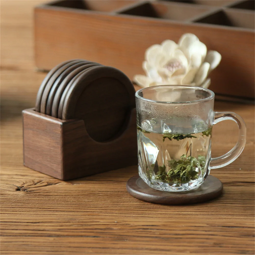 Lot de 6 sous-verres ronds en bois de noyer