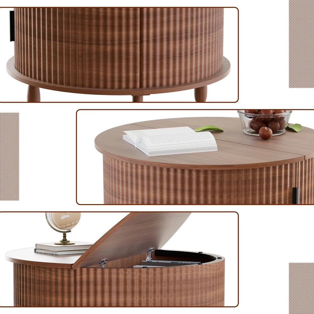 Table Basse Ronde en Bois Naturel et Rotin