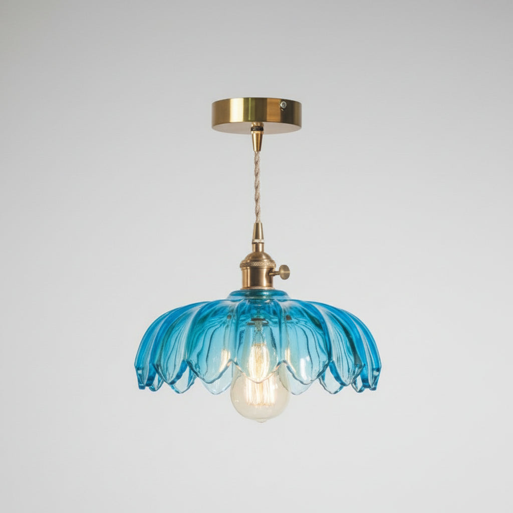 Suspension vintage en verre transparent en forme de fleur de lotus