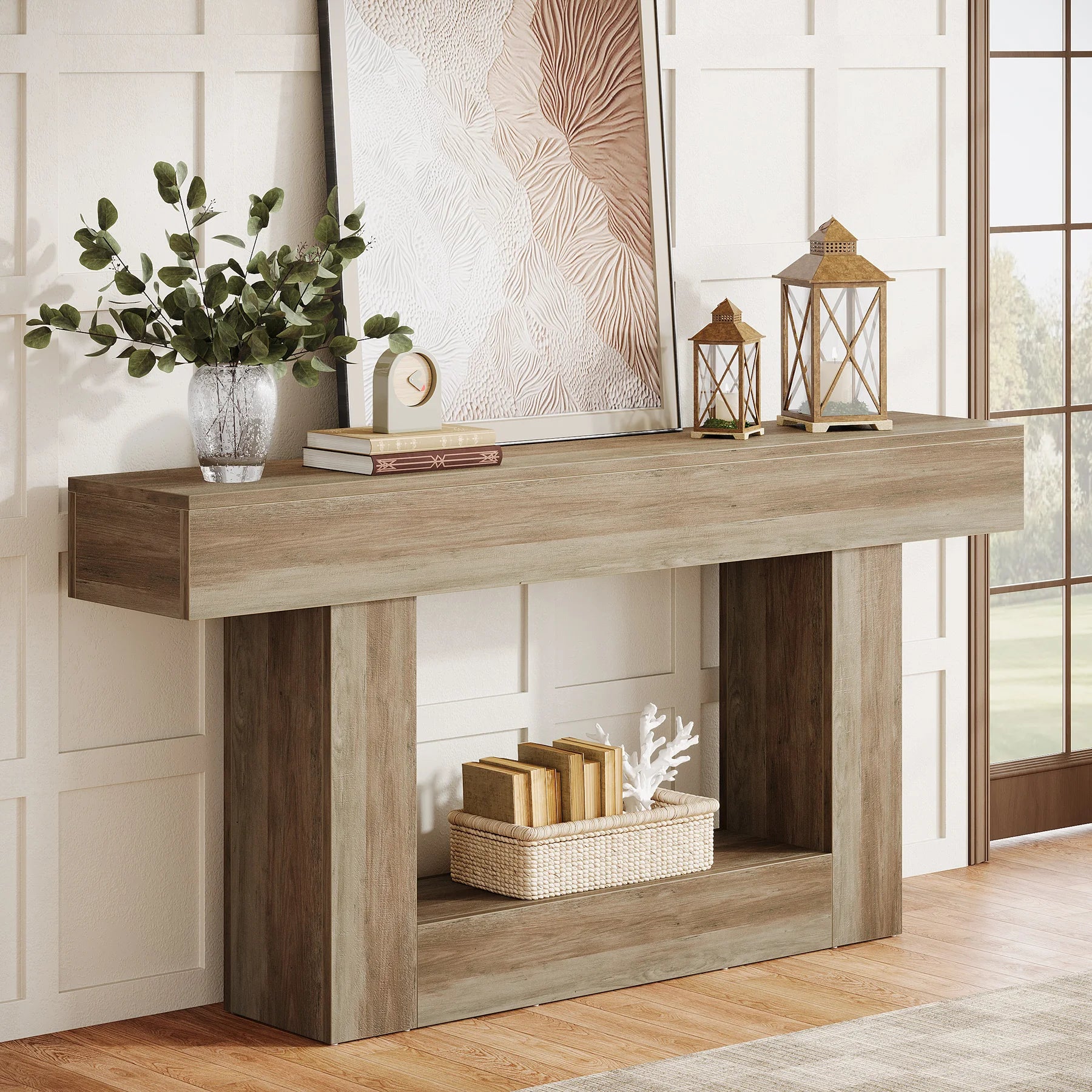 Console en Bois Bicolore avec Plateau Longiligne et Piètement Rectangulaire Architectural